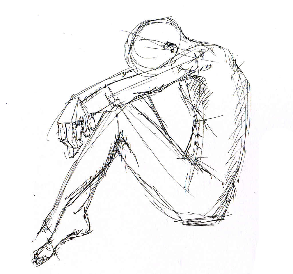 Sketch Art 桌布 壁紙 — 一幅粗糙黑色墨水素描，描繪一個人蜷縮成胎兒姿勢，手持一個小物體
