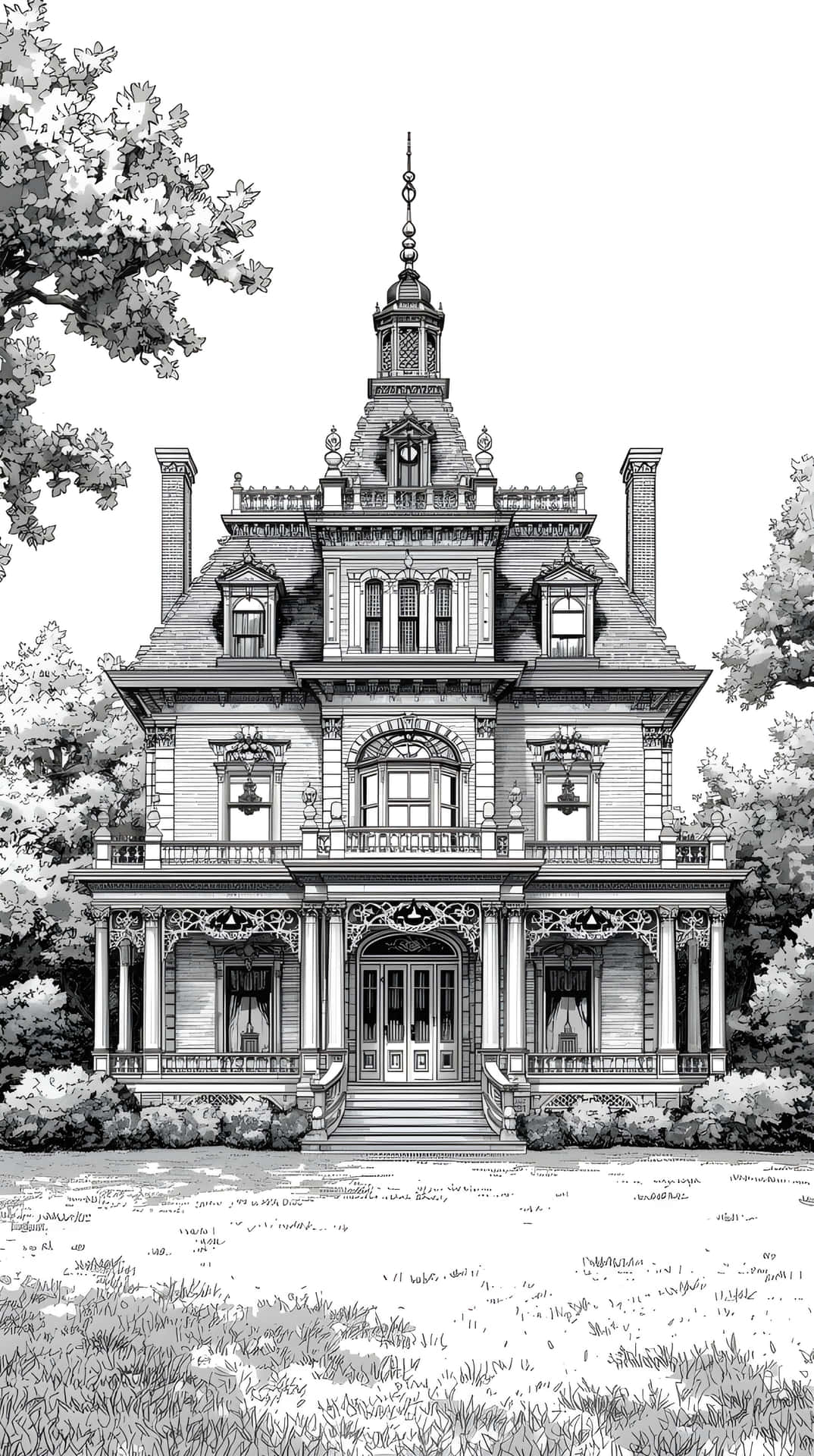 Elegant Second Empire Style Manor House Illustration 壁紙 — 一幅精細的黑白插圖，描繪了一座宏偉的維多利亞式大宅，帶有華麗的塔樓、陽台和精緻的木工，周圍環繞著樹木和草地。