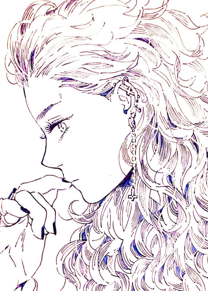 動漫繪圖 桌布 壁紙 — 一幅精緻的動漫風格線條畫，描繪一位擁有飄逸紫髮和十字架耳環的女性，若有所思地向下凝視。