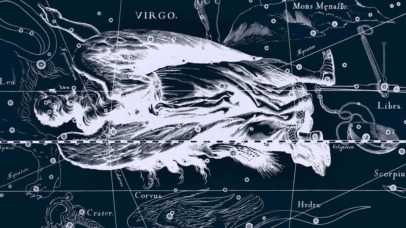 Virgo 桌布 壁紙 — 一幅精緻的復古星圖，以細緻的線條藝術在深海軍藍背景上描繪了處女座星座。