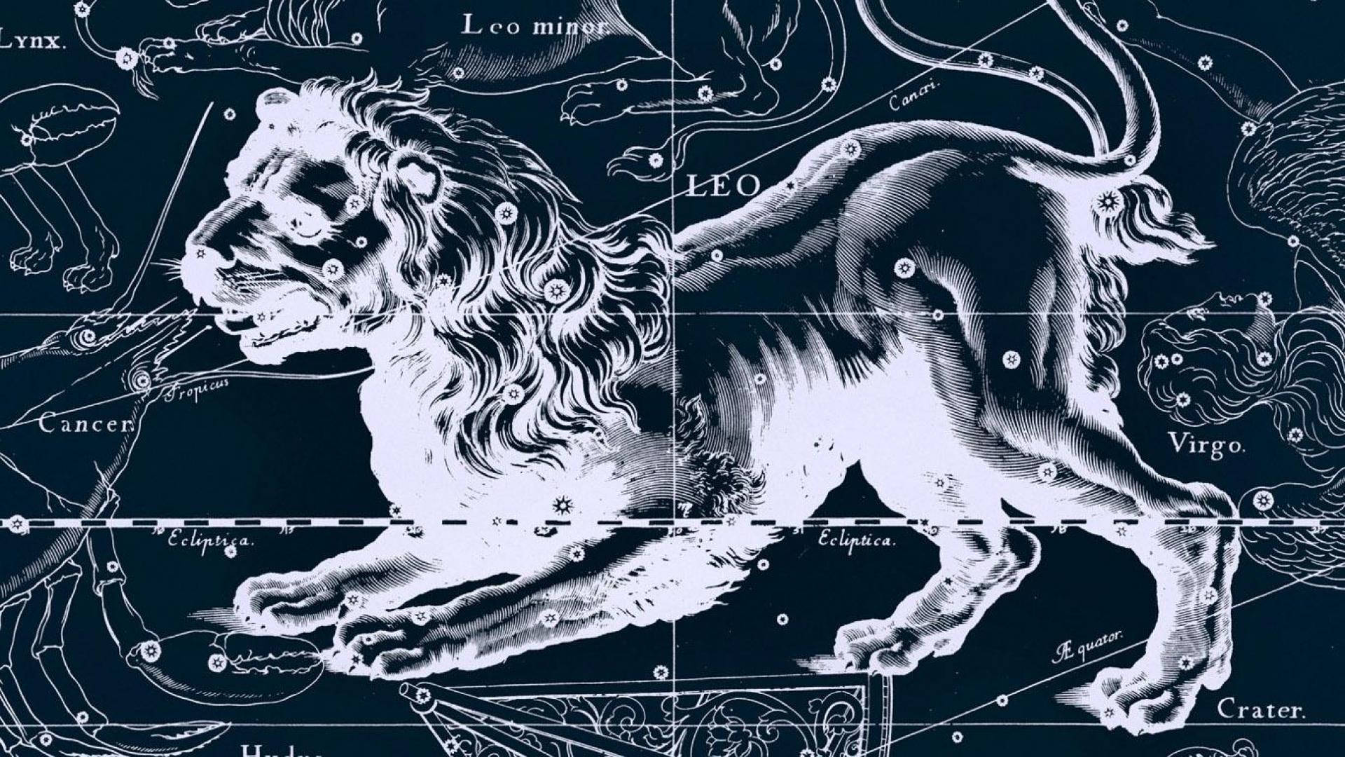 星座運勢 桌布 壁紙 — 一幅精緻的復古星圖插圖，以深藍色背景上的雄獅形象呈現獅子座。