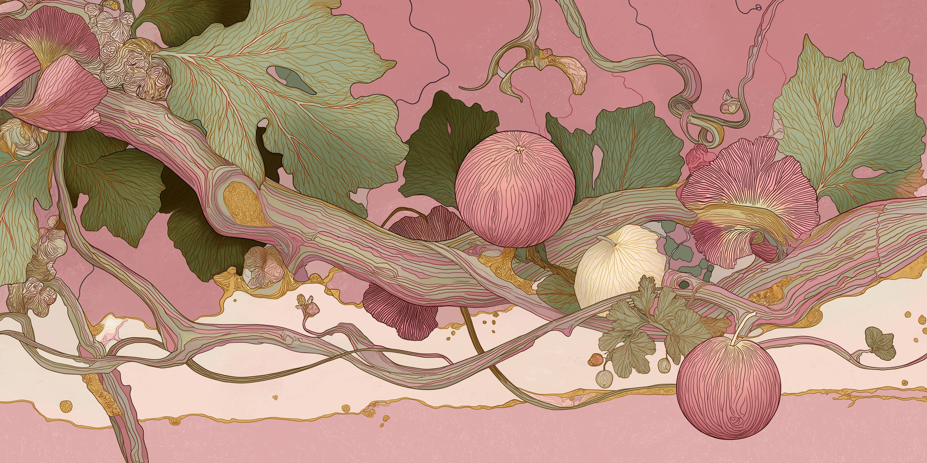 彩色動圖 桌布 壁紙 — 一幅精緻的插圖，粉紅色和綠色的藤蔓上結著無花果和葉子，在柔和的粉紅色背景上蜿蜒盤繞。