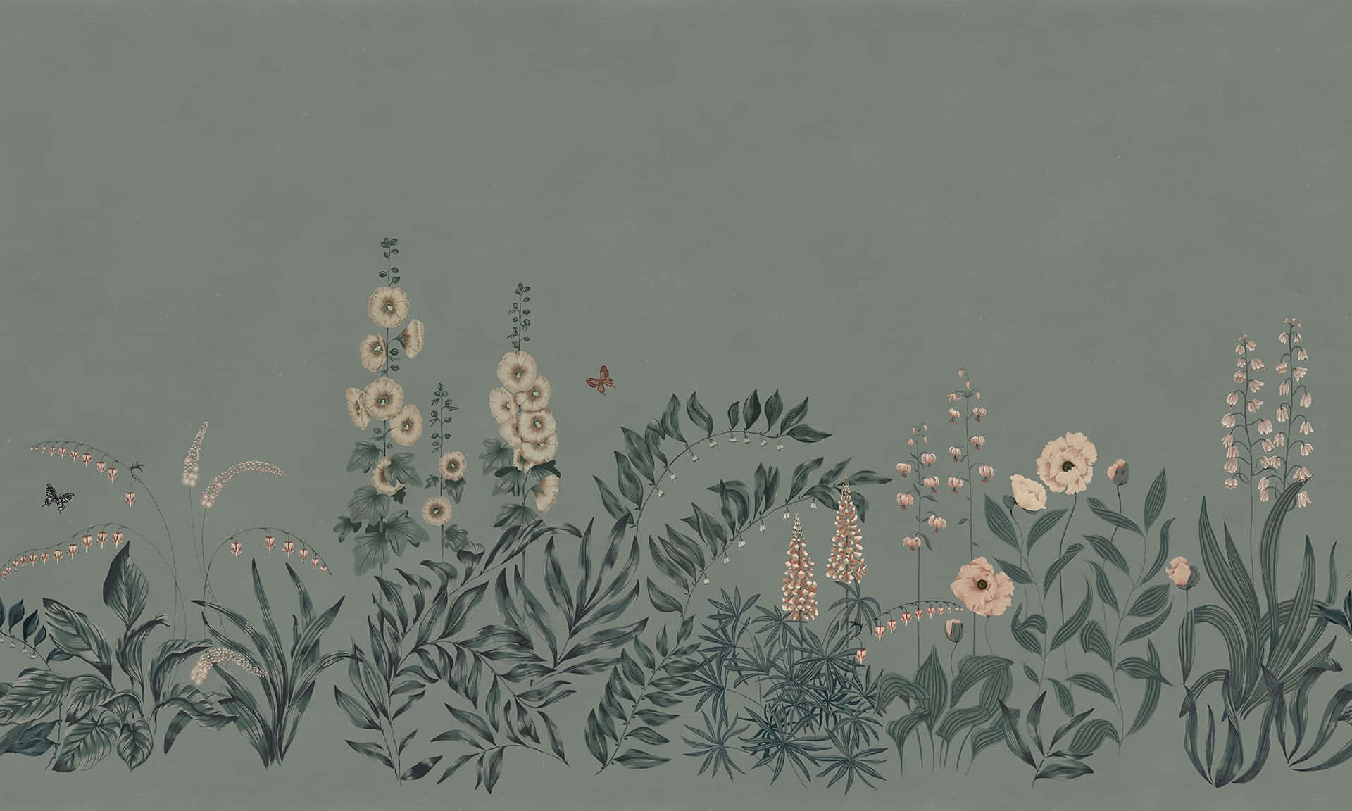 Sage 桌布 壁紙 — 一幅精緻的植物插圖，描繪了高大的蜀葵、毛地黃和百合，蝴蝶翩翩飛舞，背景是柔和的鼠尾草綠色。