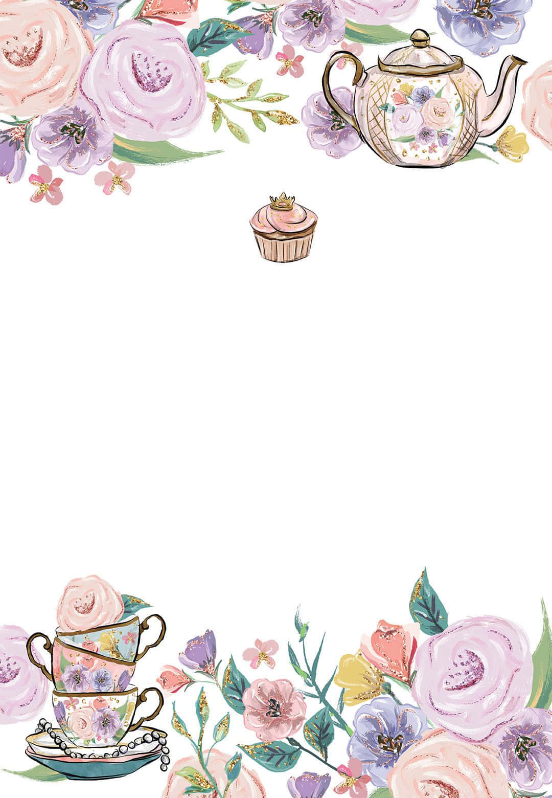 Floral Tea 桌布 壁紙 — 一幅精緻的水彩插圖，以花卉邊框圍繞著一個茶壺和疊放的茶杯，中間有一個杯子蛋糕。