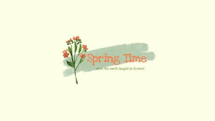 Minimalist Flower Computer 桌布 壁紙 — 一幅精緻的水彩插圖，描繪了一棵開花的植物，帶有橙色花朵和綠色葉子，旁邊是「Spring Time」文字，背景為柔和的奶油色。