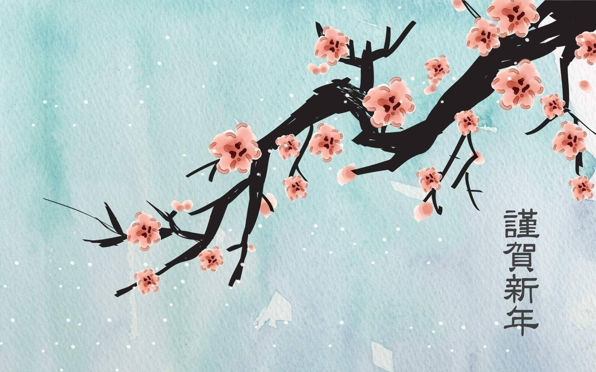 平板電腦 桌布 壁紙 — 一幅精緻的水彩插圖，描繪了櫻花枝條上粉紅色的花朵，背景是柔和的藍色，飄落著雪花，並帶有日本新年文字。