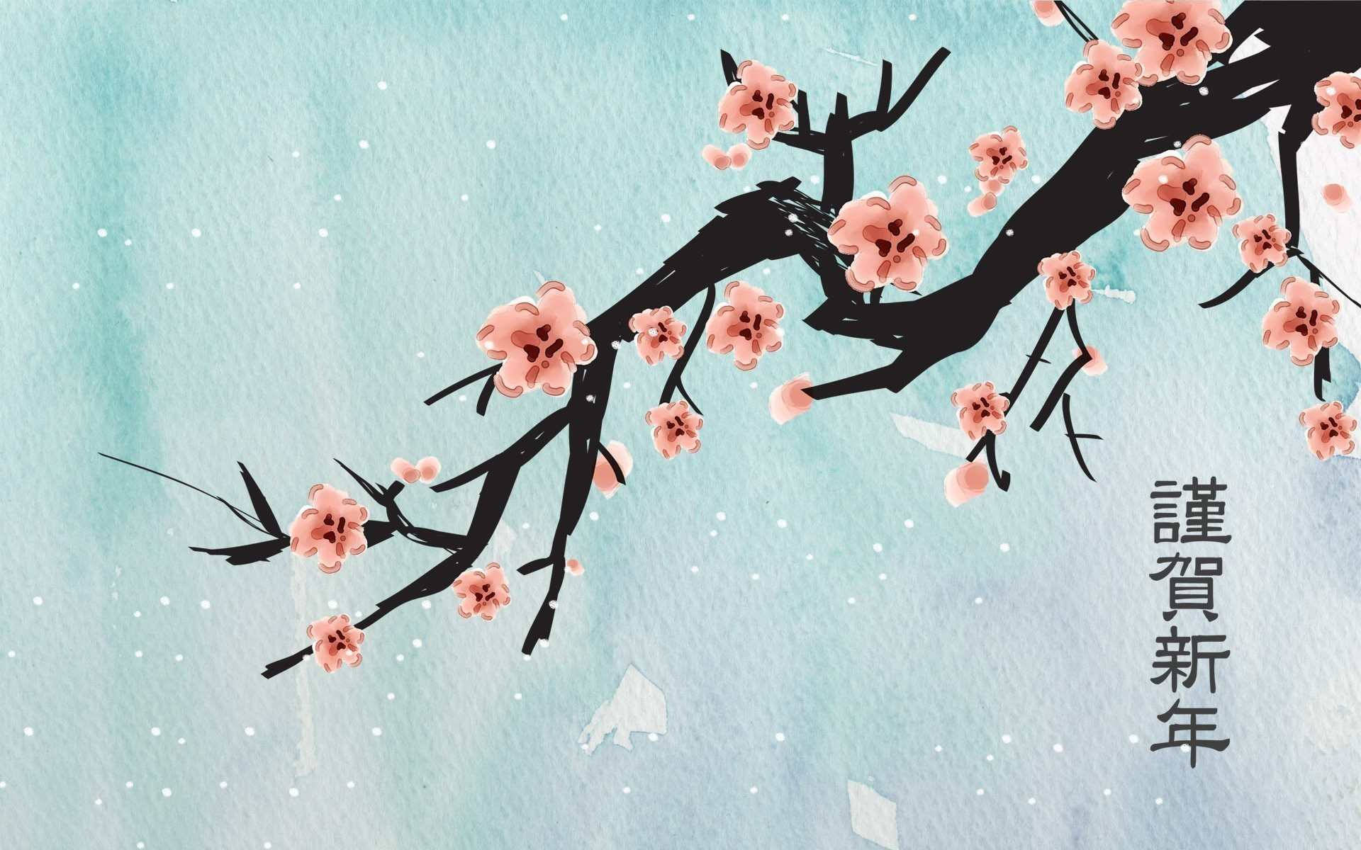日式藝術 桌布 壁紙 — 一幅精緻的水彩插圖，描繪了櫻花枝條上粉紅色的花朵，襯托著柔和的藍天，飄落的雪花和農曆新年文字。
