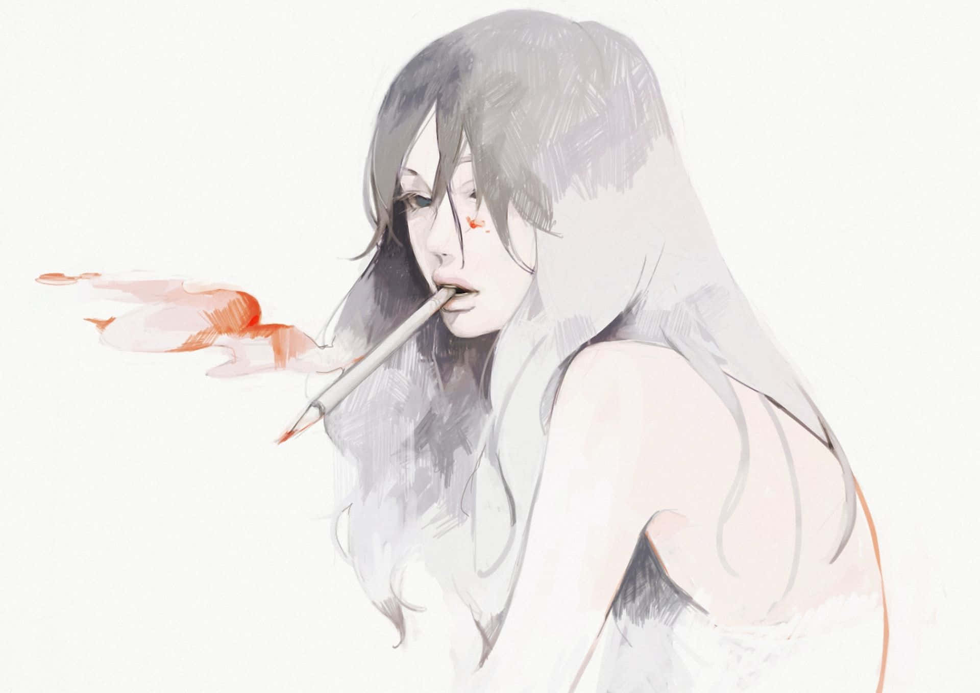 Drawing Desktop 桌布 壁紙 — 一幅精緻的水彩插畫，描繪一位長灰髮的年輕女子從香煙中吹出一縷橙色煙霧。