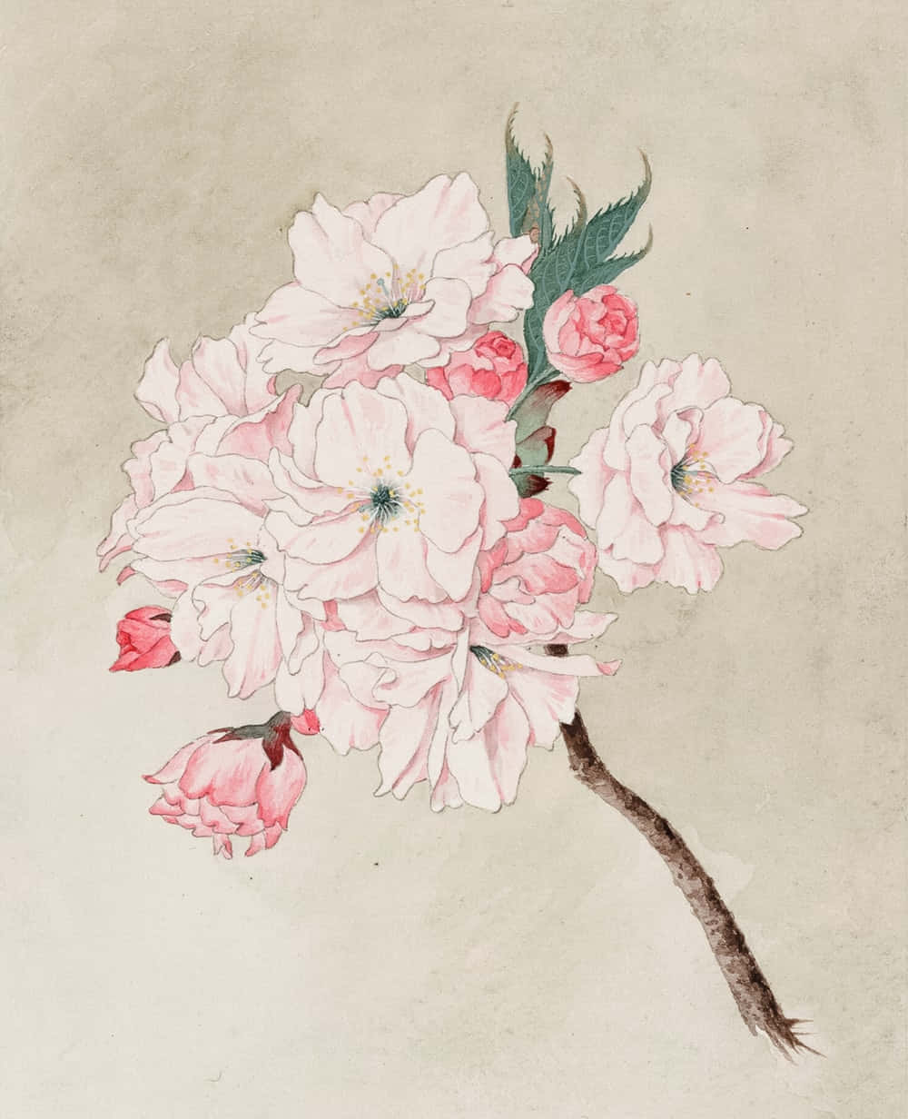 Floral Art 桌布 壁紙 — 一幅精緻的水彩畫，描繪了櫻花枝條，帶有柔和的粉紅色花朵和綠色葉子，背景為有紋理的米色。