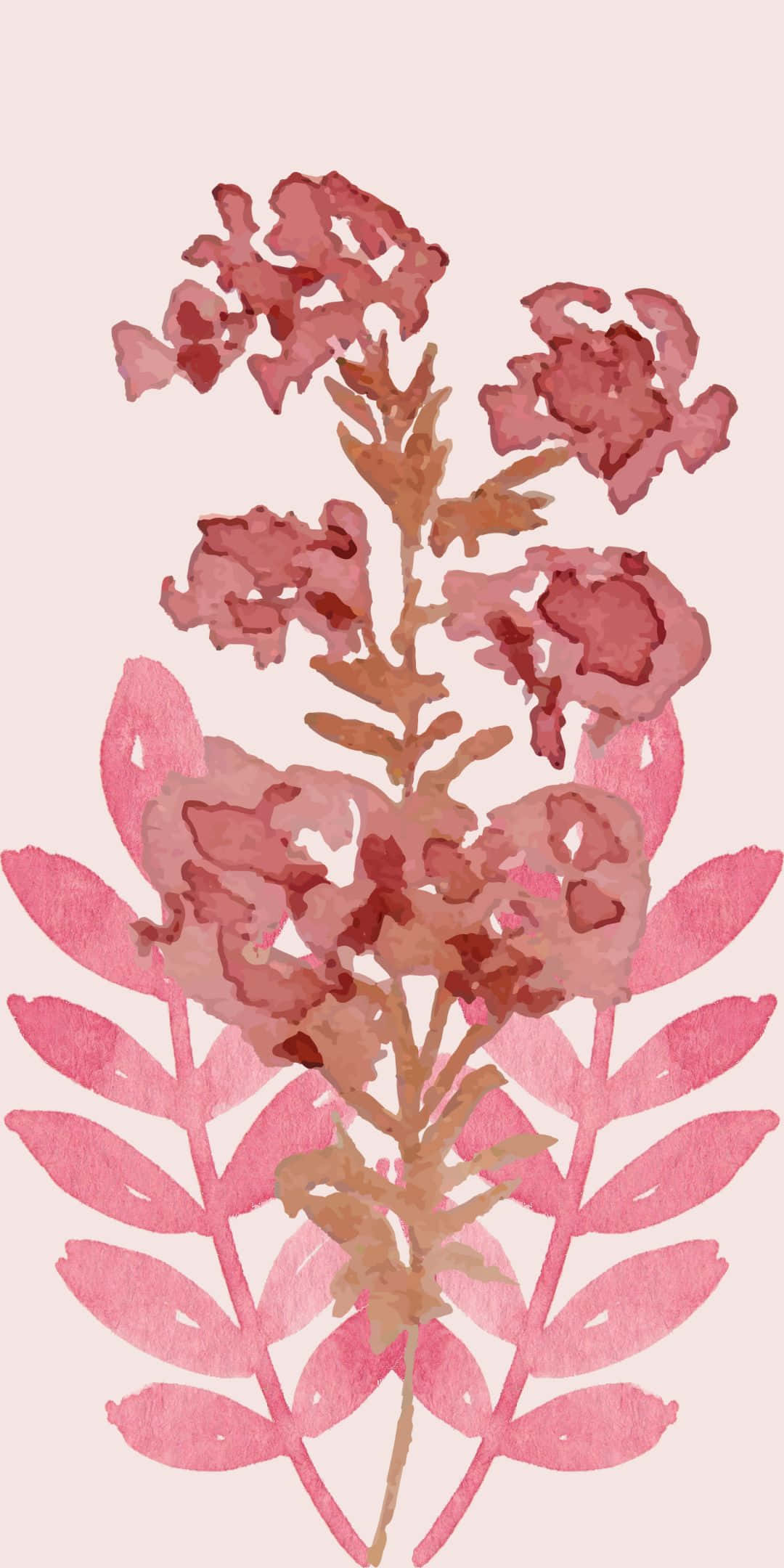 1080x2160 桌布 壁紙 — 一幅精緻的水彩畫，描繪粉紅色的花朵和葉子，帶有柔軟的棕色莖，背景為淡粉色。