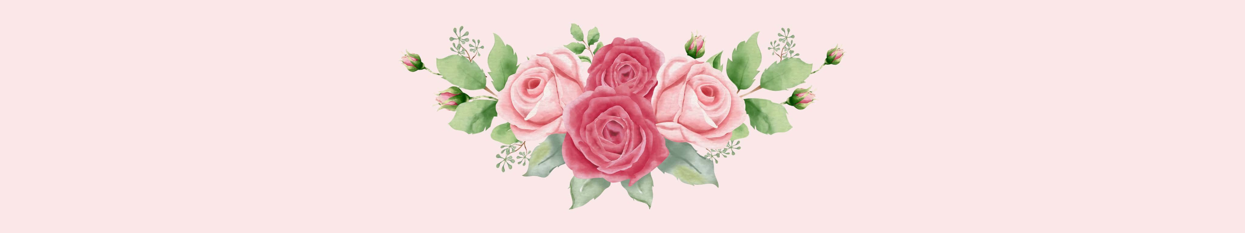 4098x768 桌布 壁紙 — 一幅精緻的水彩花卉佈置，以粉紅玫瑰和綠葉為中心，置於柔和的淡粉紅背景上。