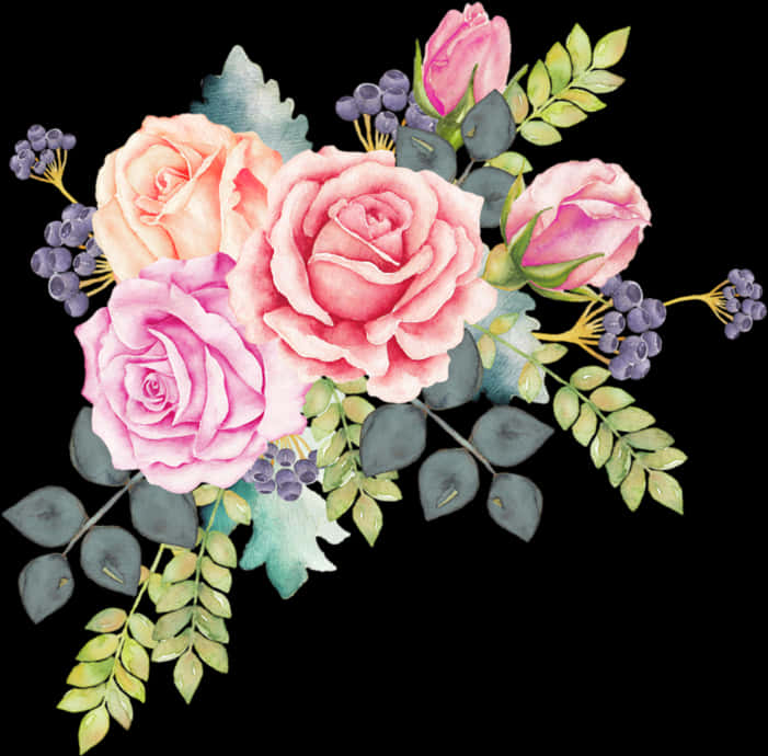 Watercolor Flowers 桌布 壁紙 — 一幅精緻的水彩花束，粉紅玫瑰與綠葉，襯托在純黑背景上。