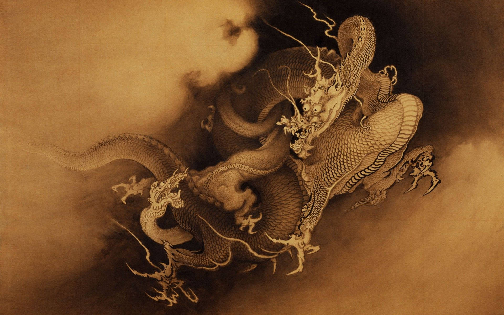 日式龍 桌布 壁紙 — 一幅精緻的紙上水墨插圖，描繪一條雄偉的龍在深褐色調的漩渦雲中盤旋。