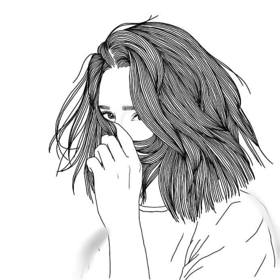 Outline 桌布 壁紙 — 一幅精緻的線條藝術插圖，描繪一位年輕女性，波浪般的頭髮部分遮蓋她的臉龐，她溫柔地向前凝視。
