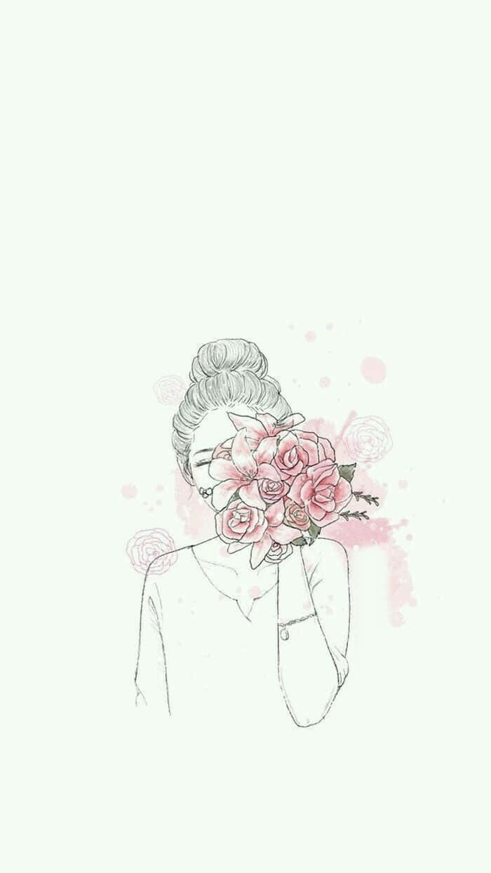 Roses 桌布 壁紙 — 一幅精緻的線條藝術插圖，描繪一位女性，她的臉被一束粉紅玫瑰遮擋，背景是柔和的薄荷色。