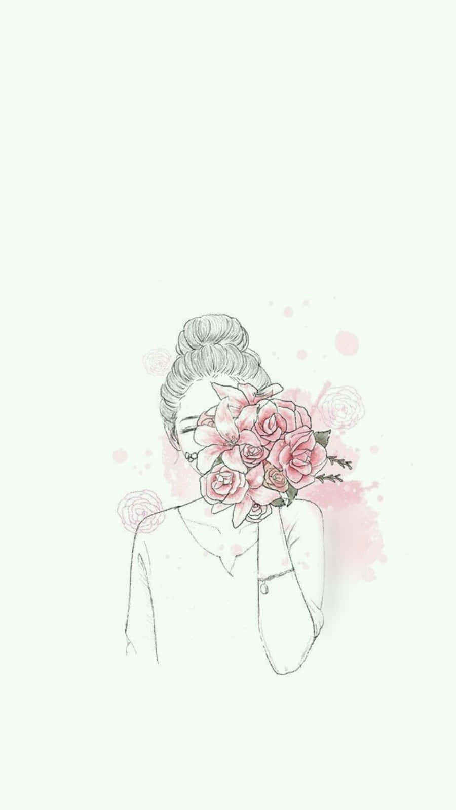 girly pink aesthetic 桌布 壁紙 — 一幅精緻的線條藝術插圖，描繪一位女性，她的臉被一束粉紅玫瑰遮住，背景是柔和的粉彩色。