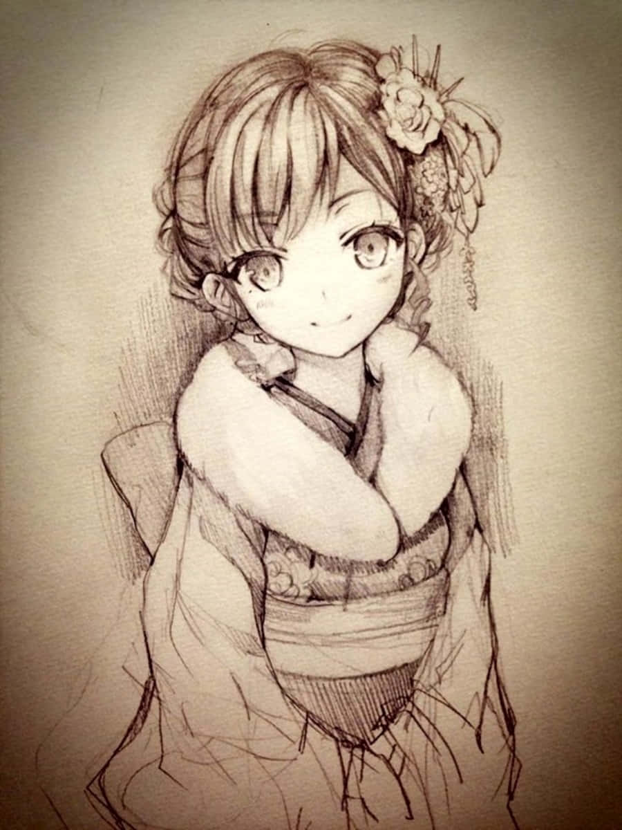 動漫繪圖 桌布 壁紙 — 一幅精緻的鉛筆素描，描繪一位微笑的動漫女孩，身穿傳統和服，頭戴花卉髮飾。