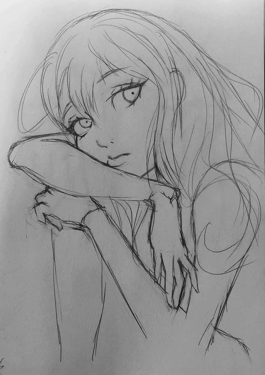 Pencil Drawing 桌布 壁紙 — 一幅精緻的鉛筆素描，描繪一位長髮的年輕動漫女孩擁抱自己，若有所思地凝視前方。