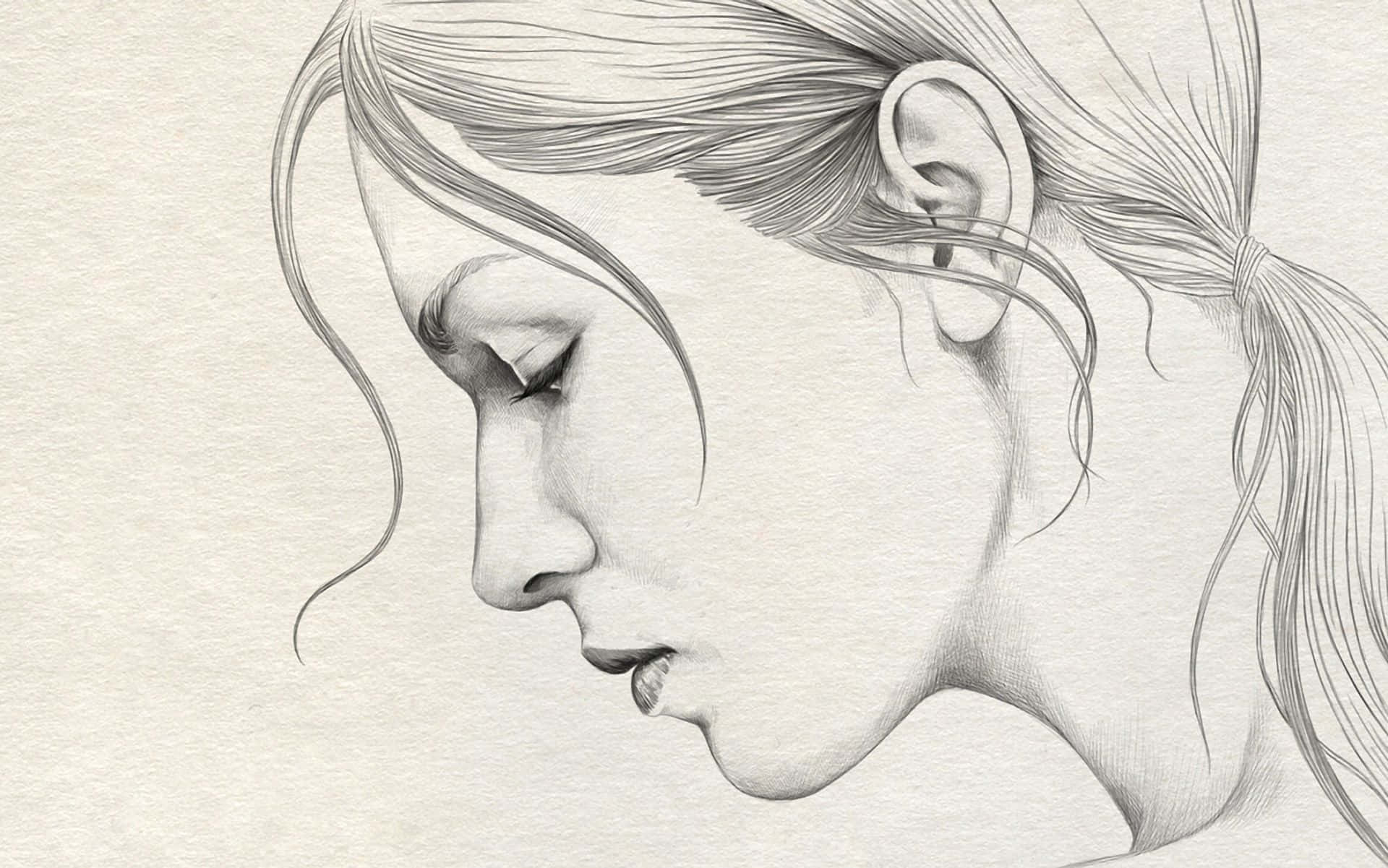 藝術 桌布 壁紙 — 一幅精緻的鉛筆素描，描繪一位閉著眼睛、紮馬尾的女性側面，在紋理紙上以細膩陰影呈現。