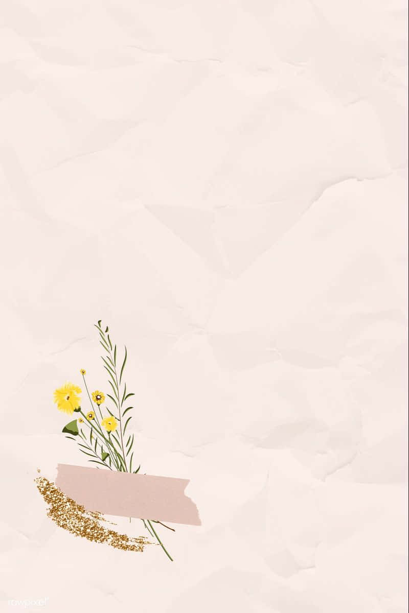 背景 桌布 壁紙 — 一幅精緻的黃色花朵和綠色莖的插圖，放置在柔和的粉紅色橫幅上，背景為有紋理的奶油色紙張。