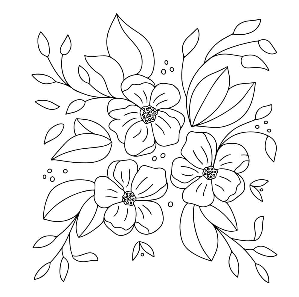 Flower White 桌布 壁紙 — 一幅精緻的黑白線條畫，描繪了三朵盛開的花朵，葉子和花蕾排列成平衡的花簇。