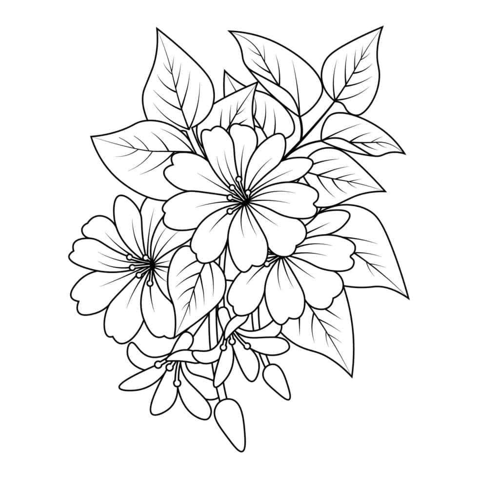 黑色藝術 桌布 壁紙 — 一幅精緻的黑白線條畫，描繪盛開的花朵和葉子，花瓣和莖部細節豐富。