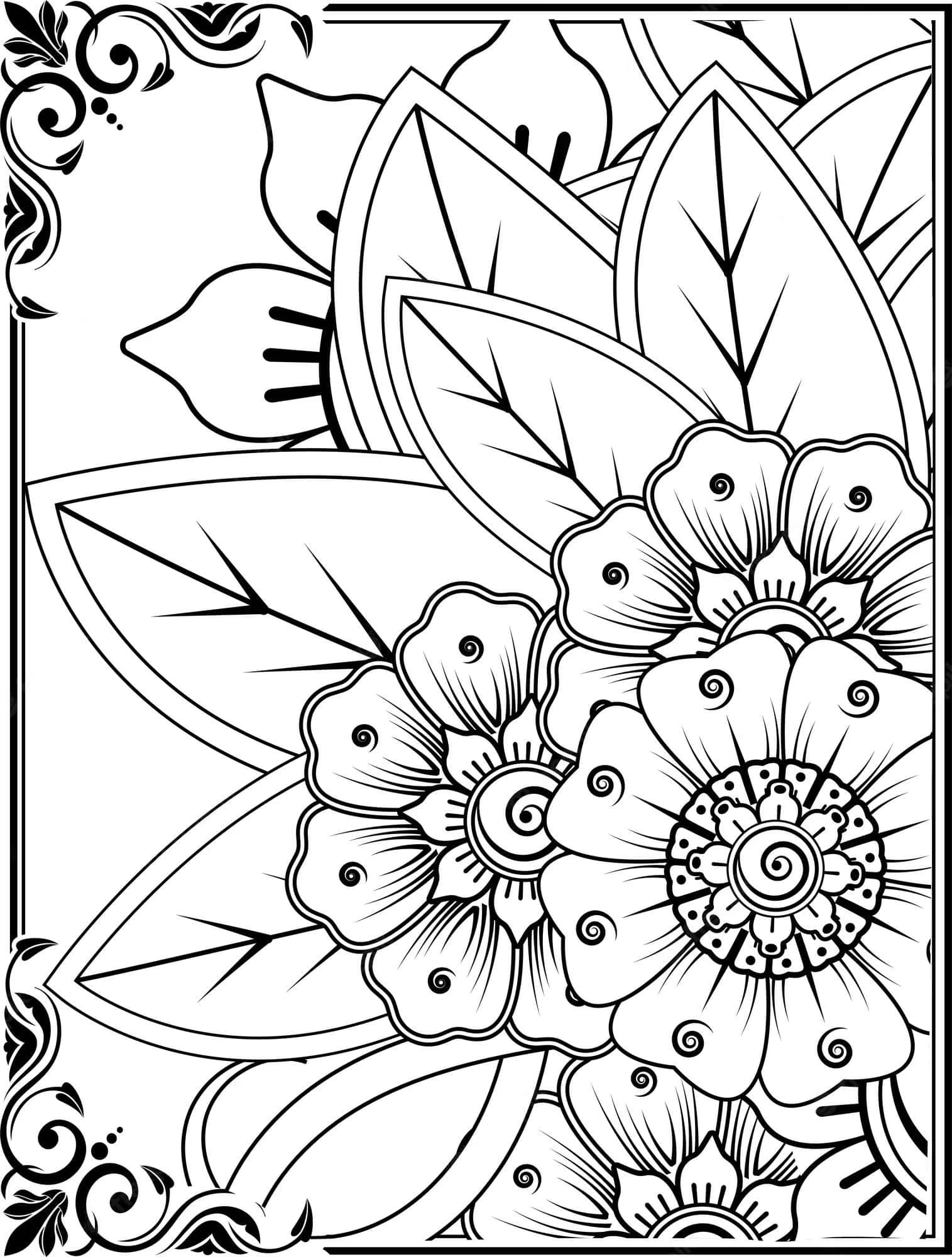 Flower Coloring 桌布 壁紙 — 一幅精緻的黑白線條藝術插圖，描繪風格化的花朵和葉子，帶有華麗的邊框漩渦。