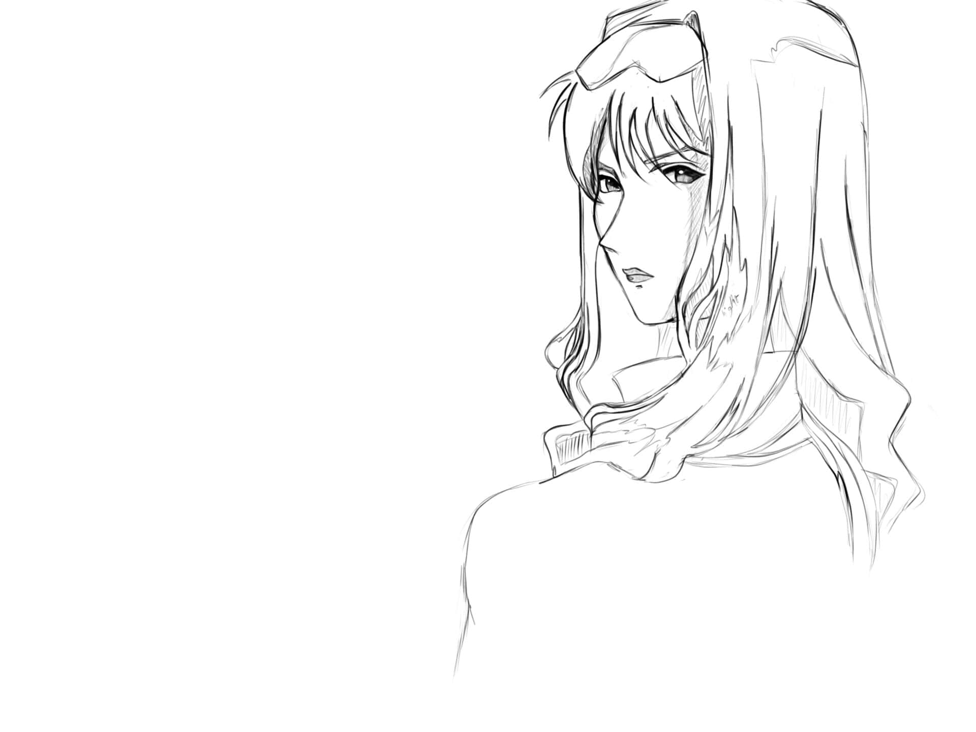 Cowboy Bebop Julia 桌布 壁紙 — 一幅精緻的黑白線條藝術草圖，描繪一位長髮且戴頭飾的女性動漫角色，若有所思地凝視著側面。