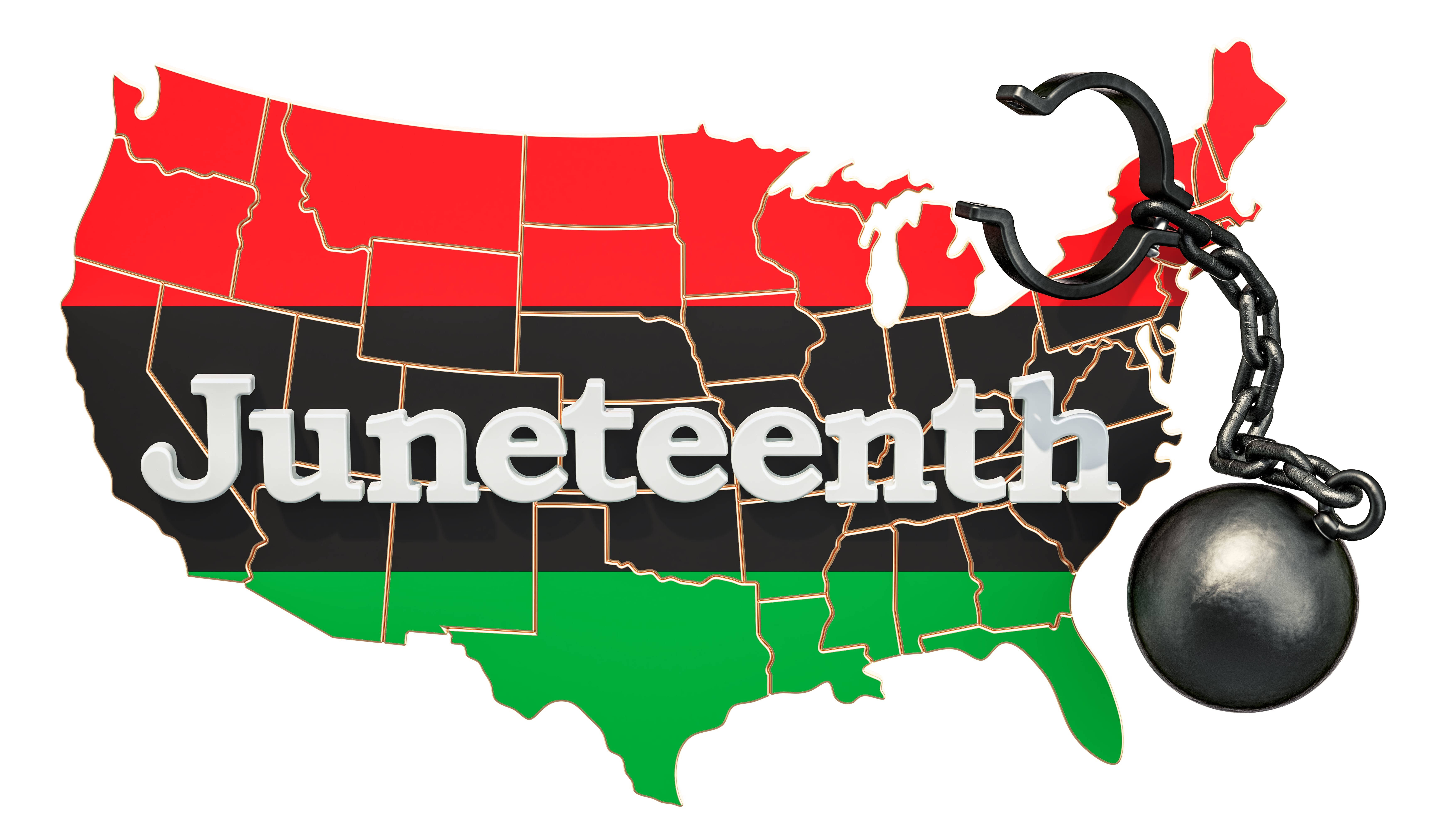 Juneteenth 桌布 壁紙 — 一幅紅、黑、綠色的美國六月節地圖，帶有斷裂的鎖鏈和球，象徵自由。