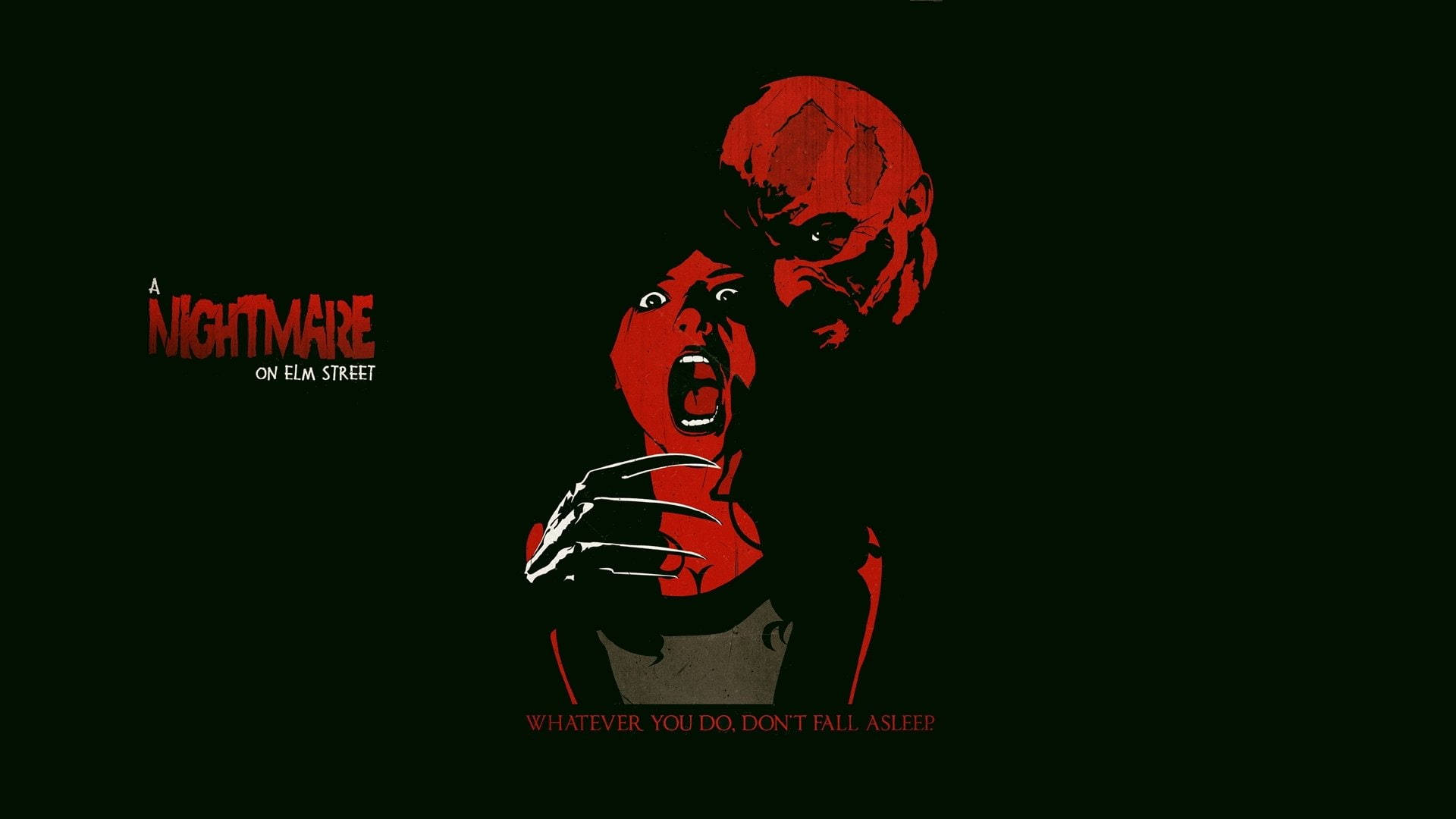 Freddy 桌布 壁紙 — 一幅紅色墨水的恐怖插圖，描繪佛萊迪·克魯格在黑色背景上抓著一個尖叫的女孩，並帶有電影標題文字。
