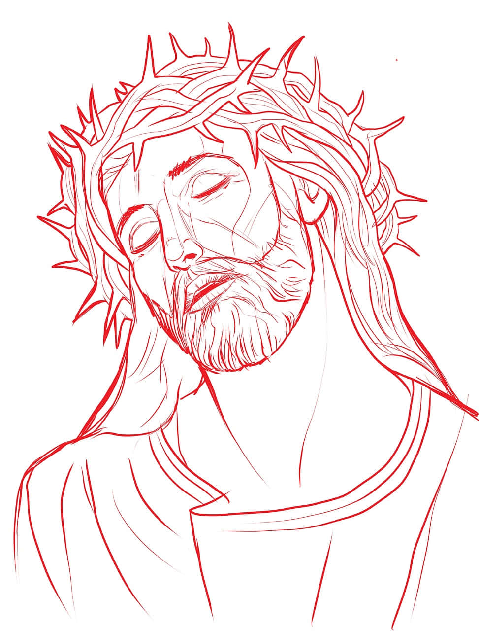 Jesus Crown Of Thorns 桌布 壁紙 — 一幅紅色線條藝術草圖，描繪耶穌戴著荊棘冠冕，閉上眼睛，呈現寧靜的苦難。