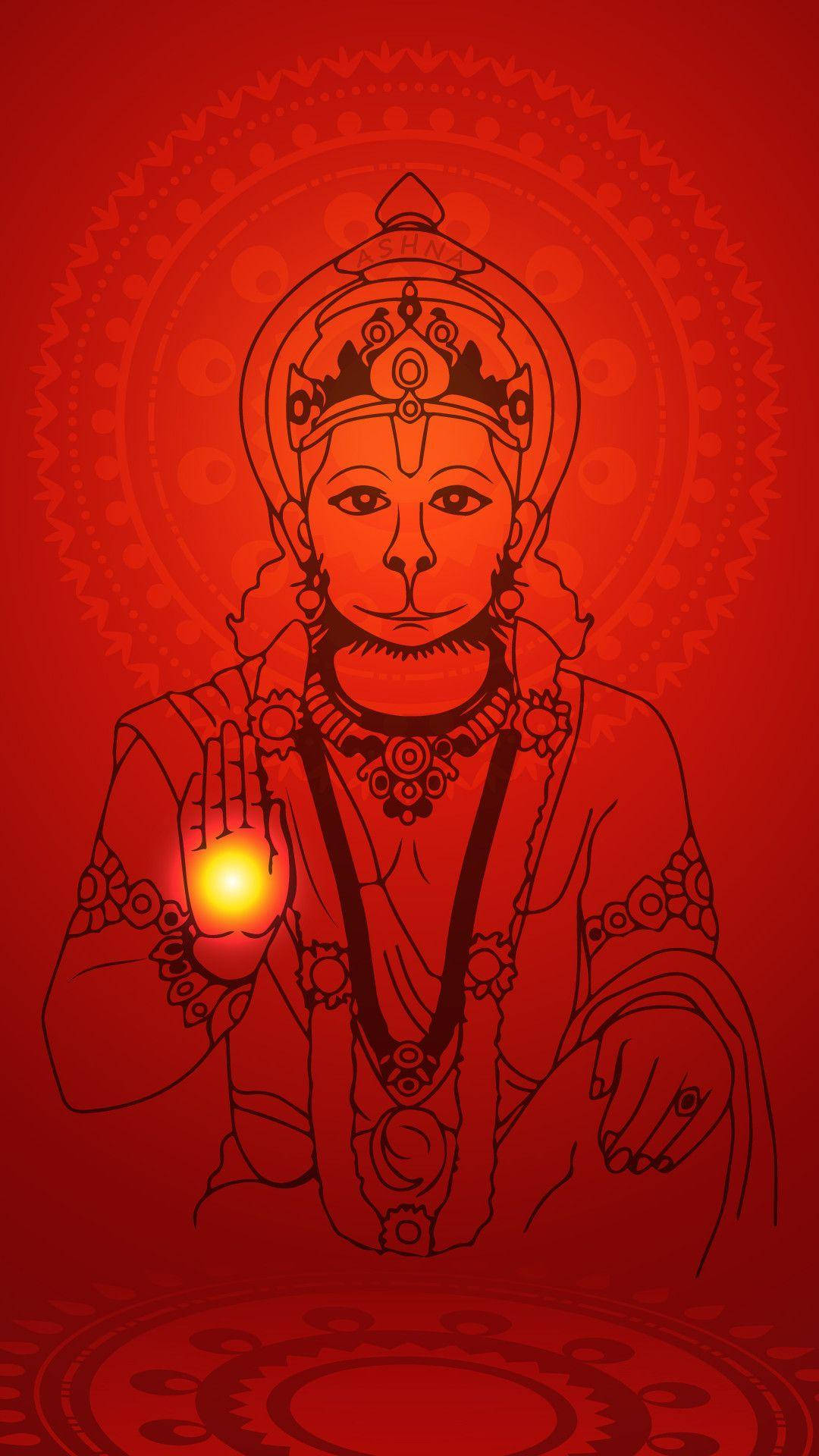 lord hanuman HD 桌布 壁紙 — 一幅紅色調插圖，描繪哈努曼手持發光球體，背景是光芒四射的曼陀羅。