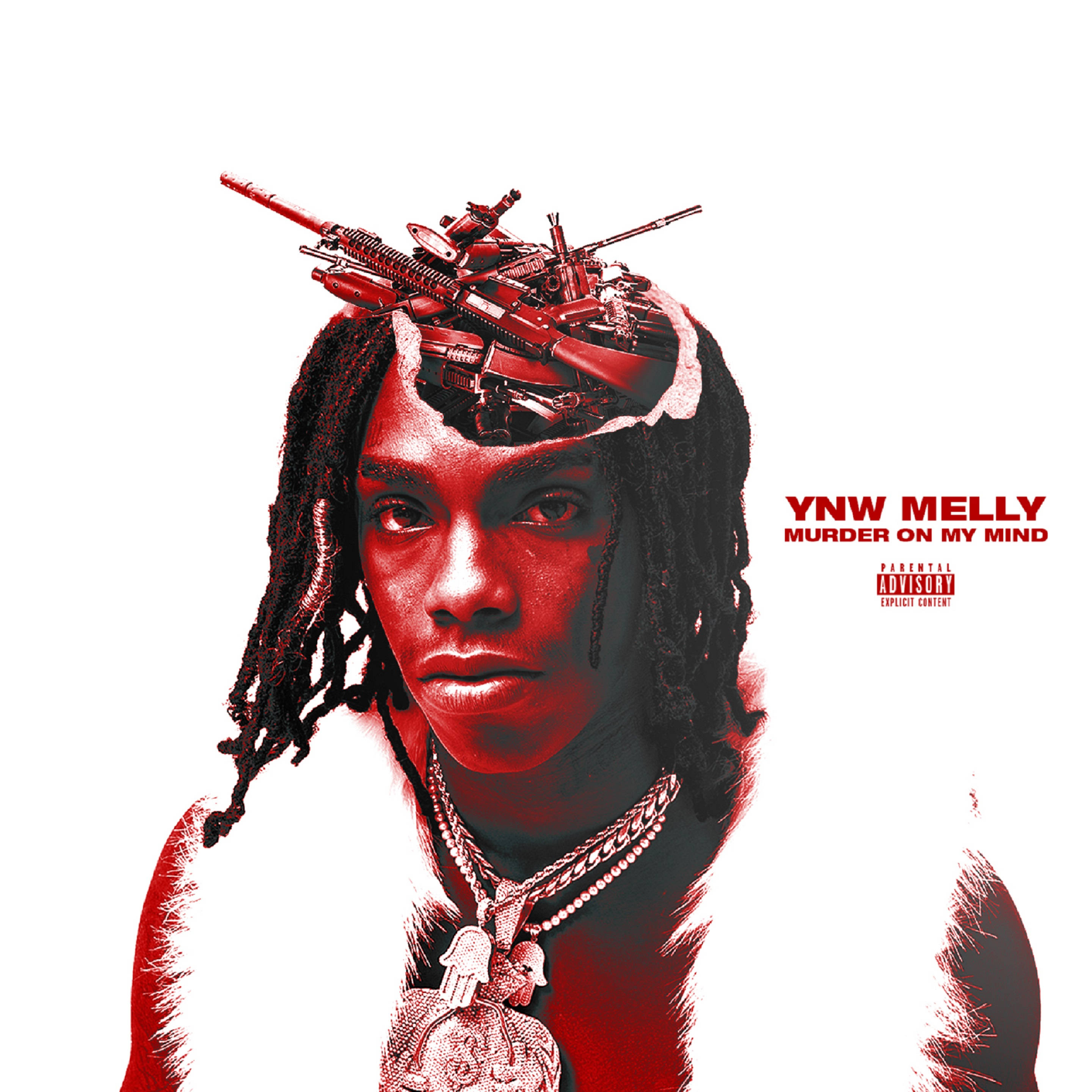 Melly 桌布 壁紙 — 一幅紅色調的YNW Melly肖像，槍械從他的頭部噴出，背景為純白色。