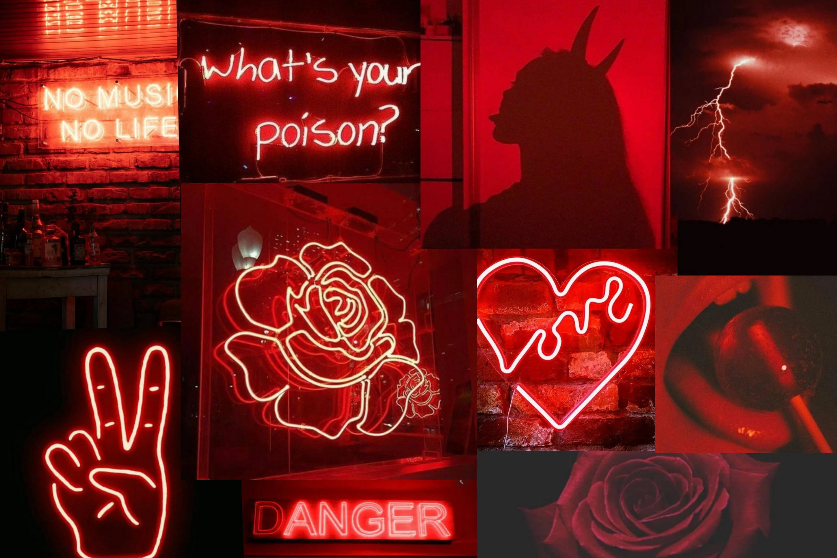 Neon Aesthetic 桌布 壁紙 — 一幅紅色霓虹燈招牌和符號的拼貼畫，包括玫瑰、心形和魔鬼剪影，在深色磚牆上發光。