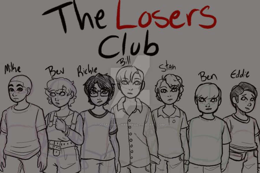 Losers Club 桌布 壁紙 — 一幅素描風格插圖，描繪七個標記為「The Losers Club」的男孩在灰色背景前站成一排。