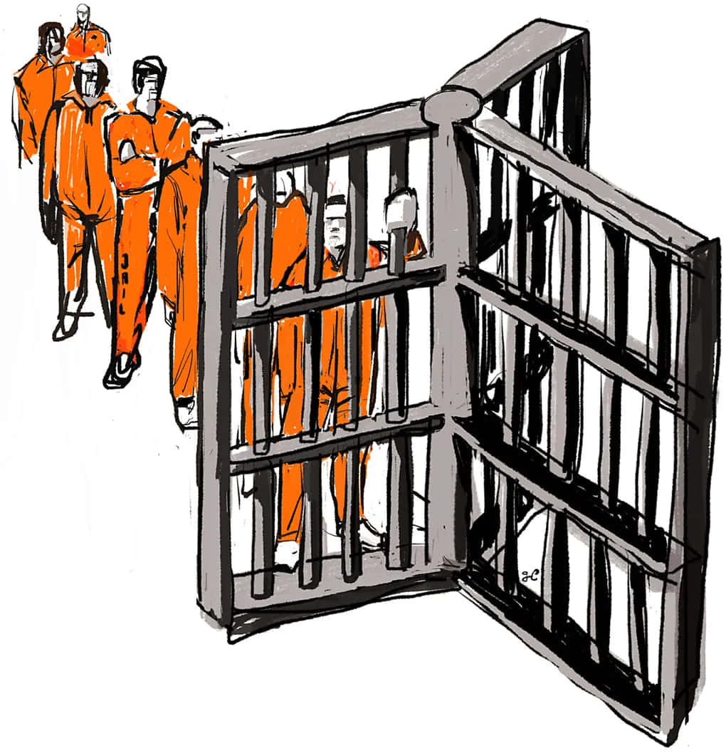 Prison 桌布 壁紙 — 一幅素描風格的插圖顯示穿著橙色連身衣的囚犯排隊走過一個打開的監獄牢房門。