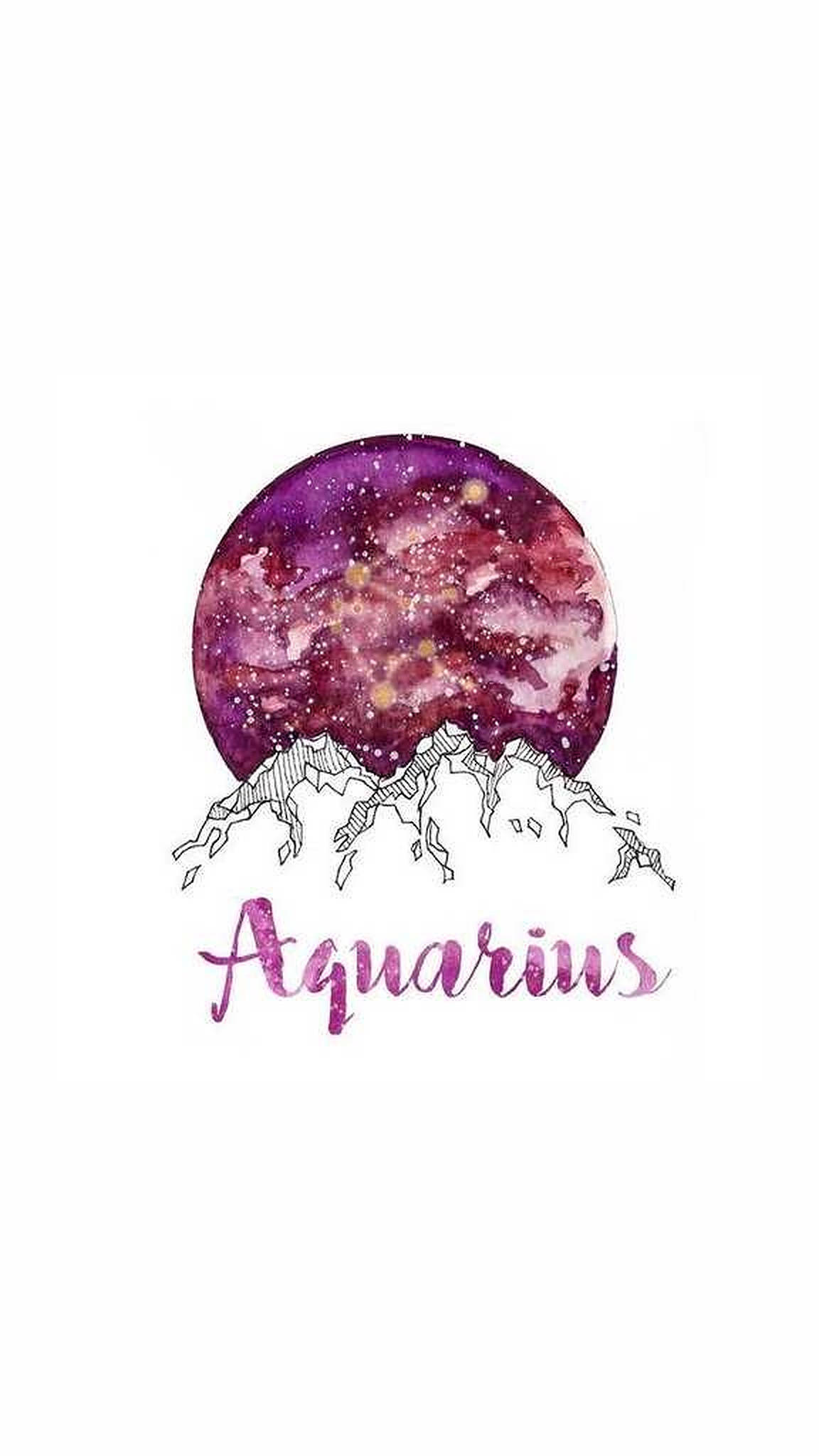 aquarius 桌布 壁紙 — 一幅紫色和粉紅色調的水彩星系冠於風格化的山脈之上，下方寫有Aquarius字樣。