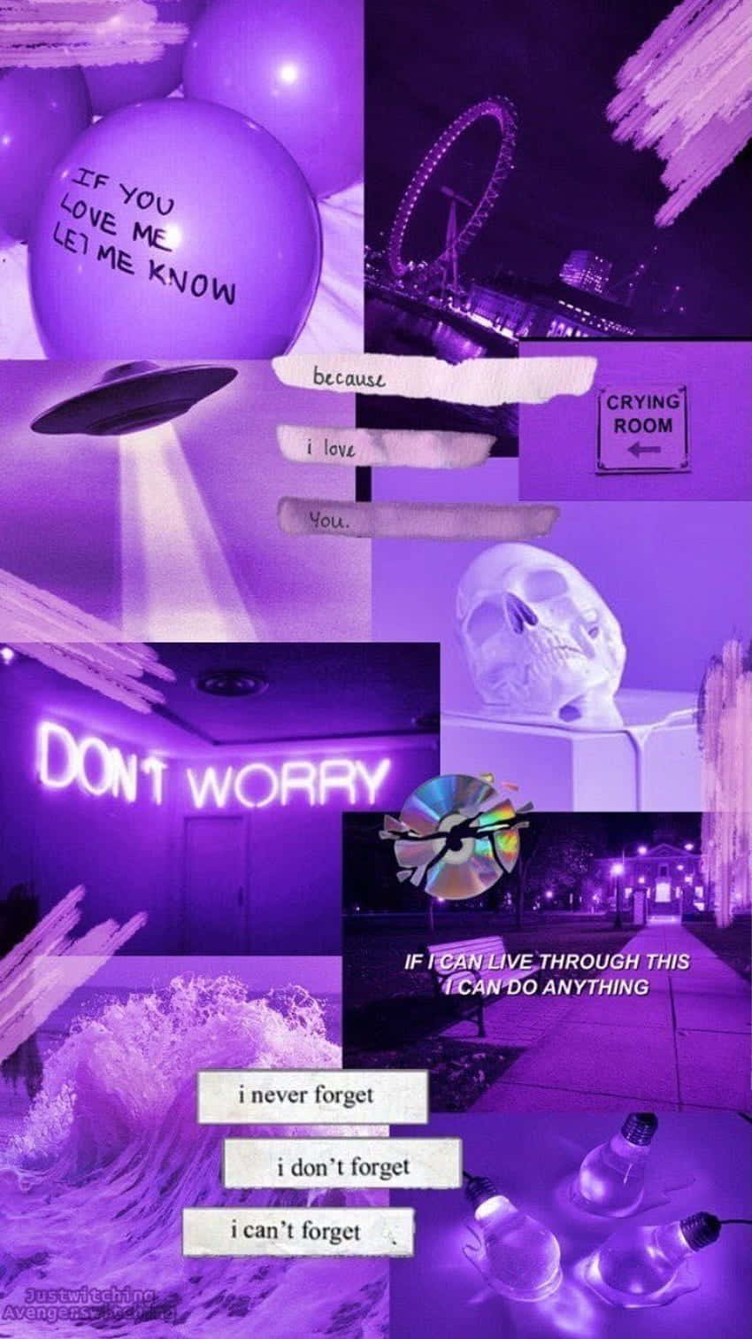 Purple Collage 桌布 壁紙 — 一幅紫色調的拼貼畫，包含情感語錄、骷髏頭、UFO和城市燈光，並帶有「哭泣室」標誌。