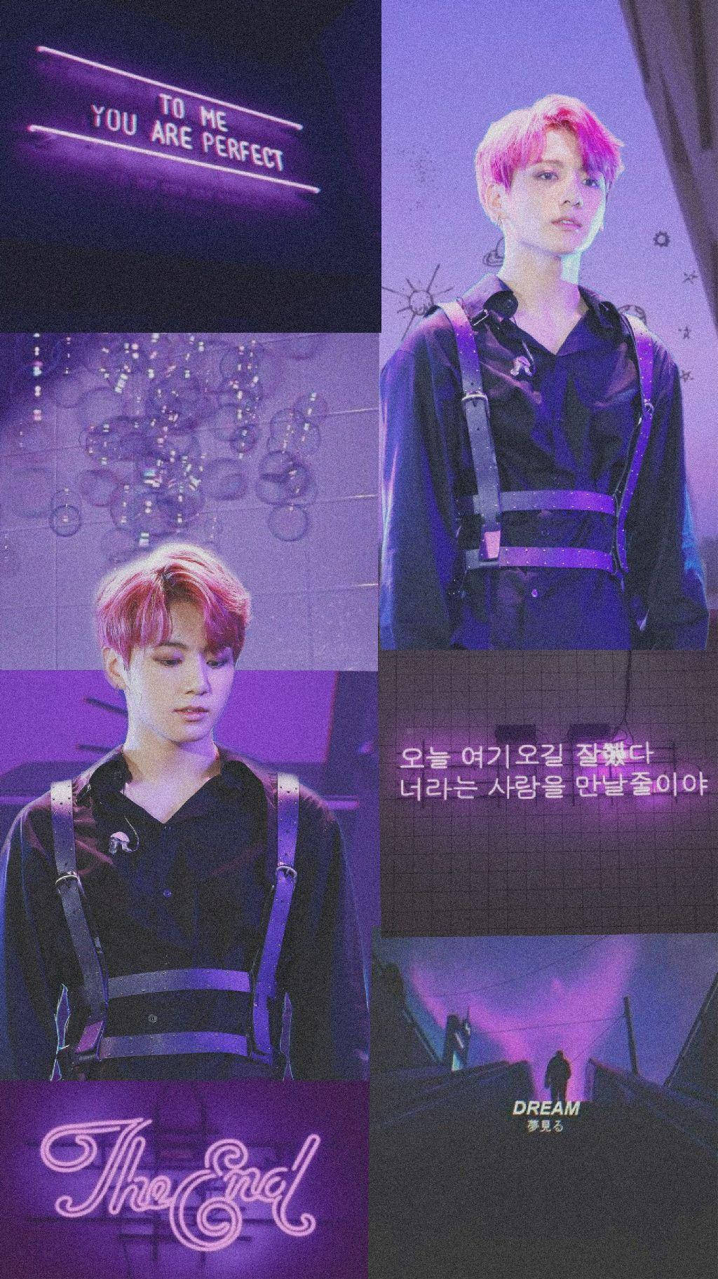 Jungkook Aesthetic 桌布 壁紙 — 一幅紫色調的拼貼畫，描繪一位身穿吊帶褲的年輕男子，背景為深色，帶有霓虹燈牌和韓文文字。