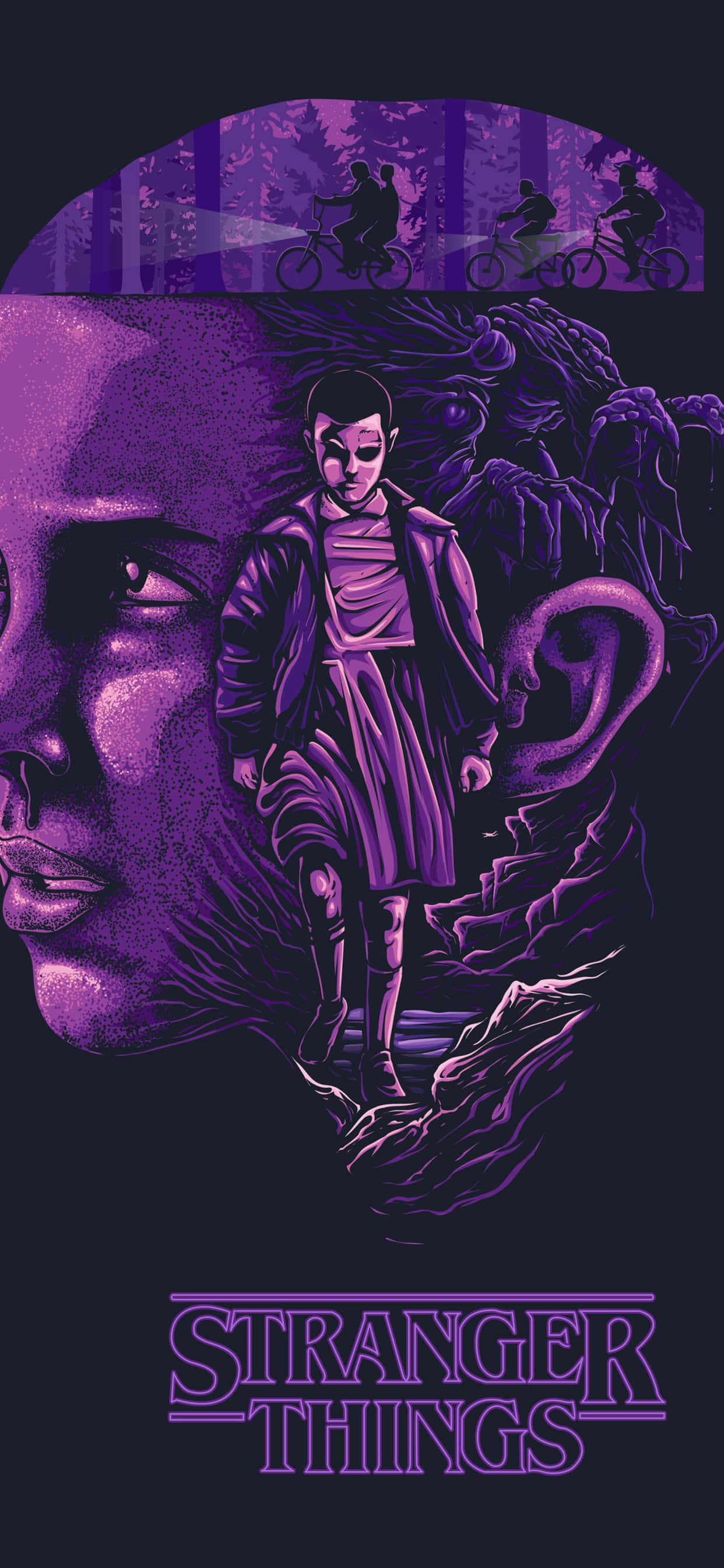 Stranger Things Girly 桌布 壁紙 — 一幅紫色調的插圖，描繪一個男孩站在岩石小徑上，有一個巨大的耳朵和森林背景，並帶有Stranger Things標誌。