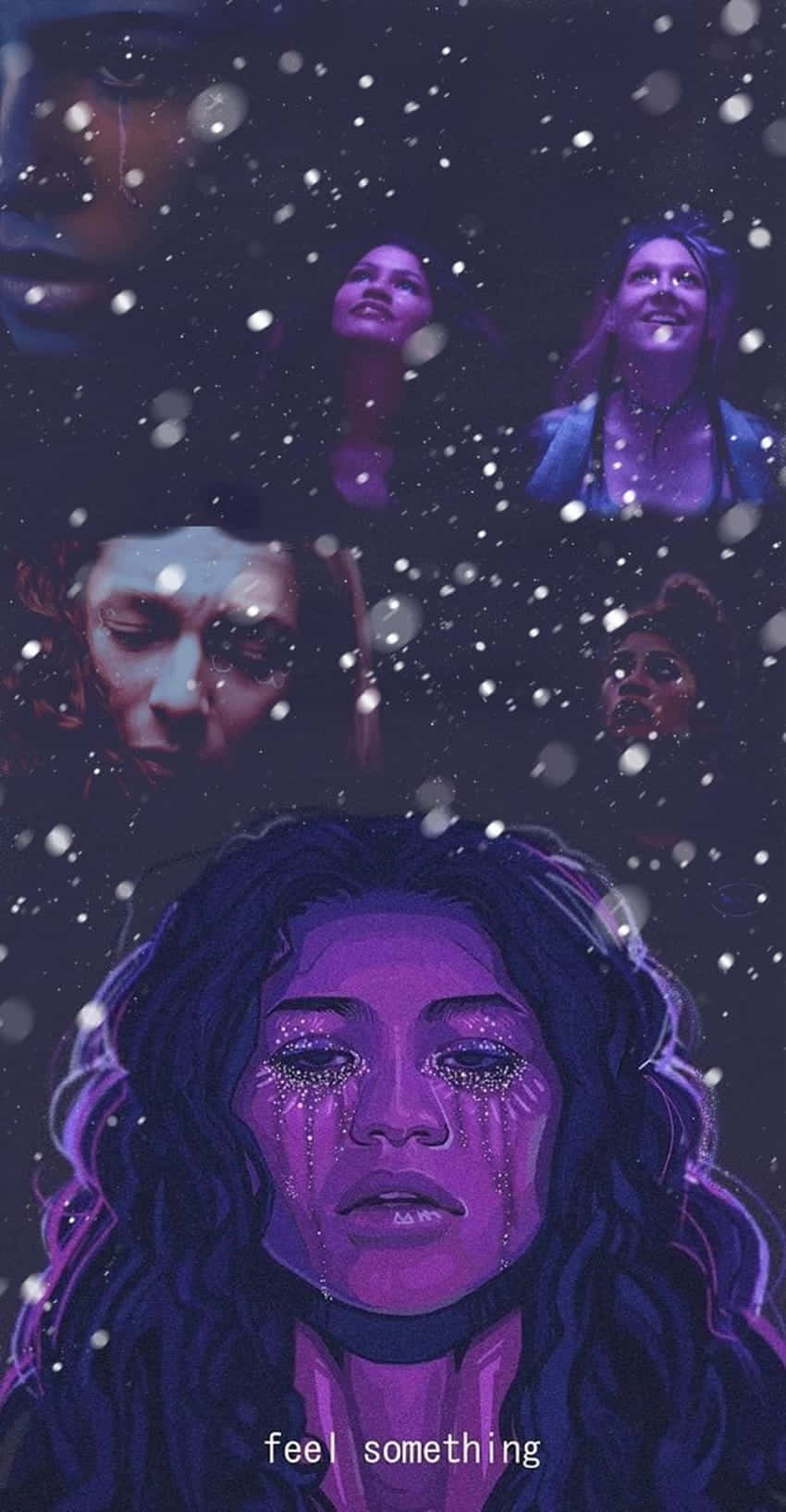 Euphoria Hbo iPhone 桌布 壁紙 — 一幅紫色調的數位藝術作品，多張臉孔透過飄落的白色粒子向上凝視，並帶有文字 feel something。
