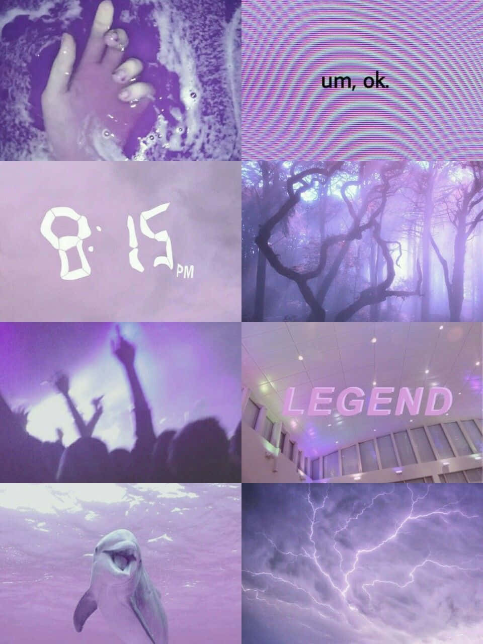 Capricorn Aesthetic 桌布 壁紙 — 一幅紫色調的超現實場景拼貼畫，包括水中的手、故障藝術、森林、音樂會人群、海豚和閃電風暴。