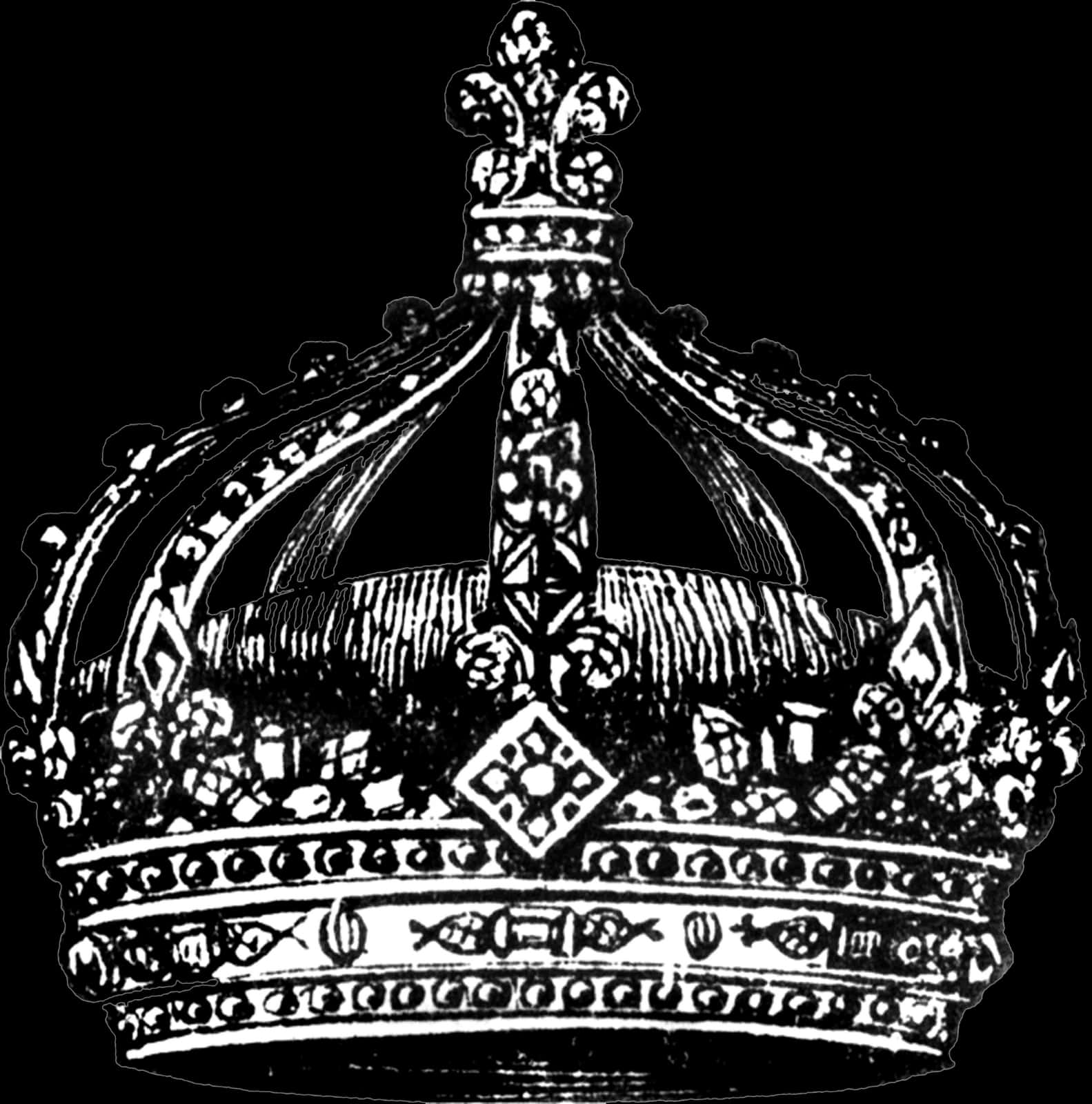 Black Crown 桌布 壁紙 — 一幅細節精緻的黑白線條畫，描繪一頂帶有華麗圖案和中央十字頂飾的帝王皇冠。