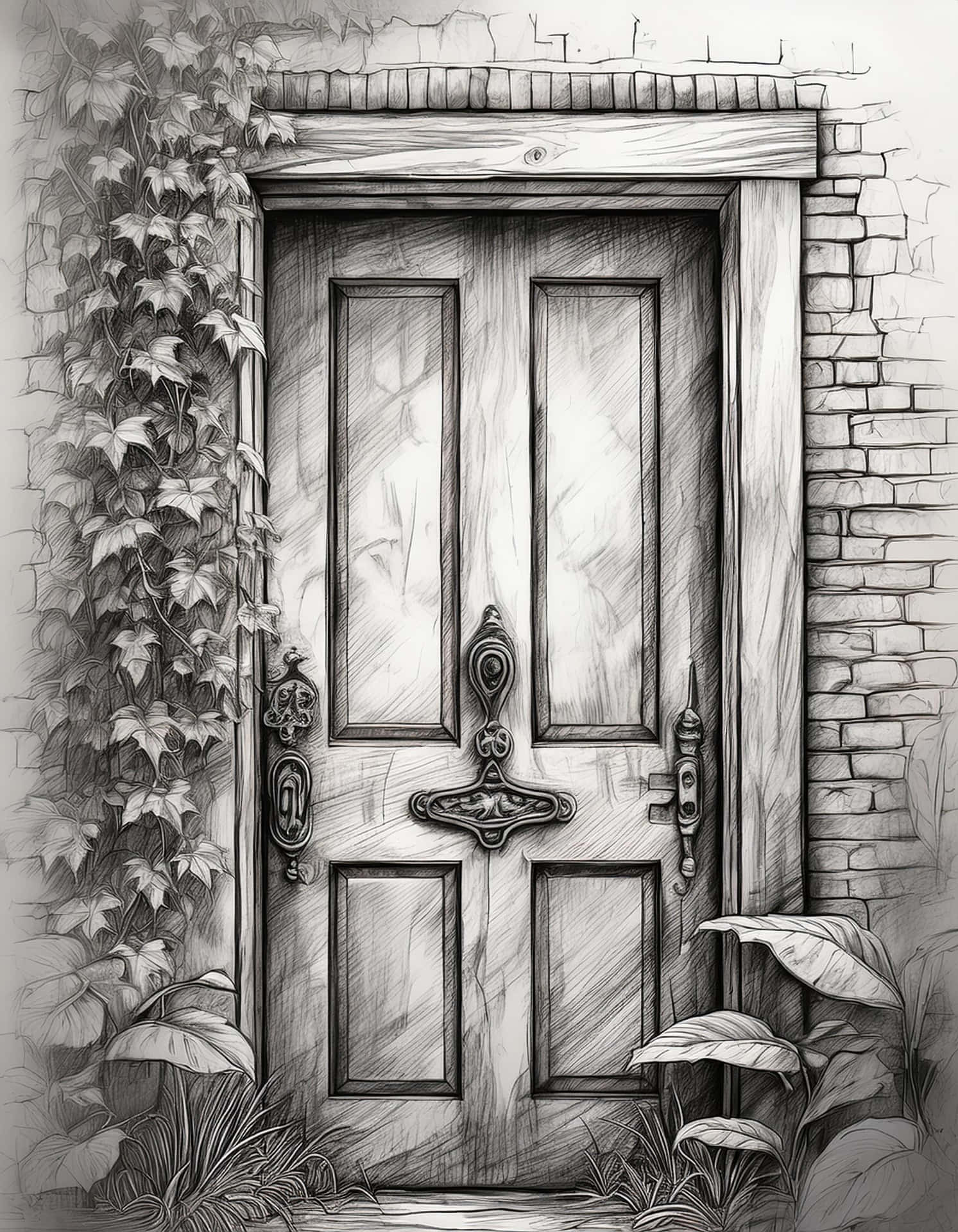 Meeting of Historical Gate and Nature 壁紙 — 一幅細節複雜的單色素描，描繪一扇被石頭和常春藤環繞的木門，帶有華麗的金屬工藝。