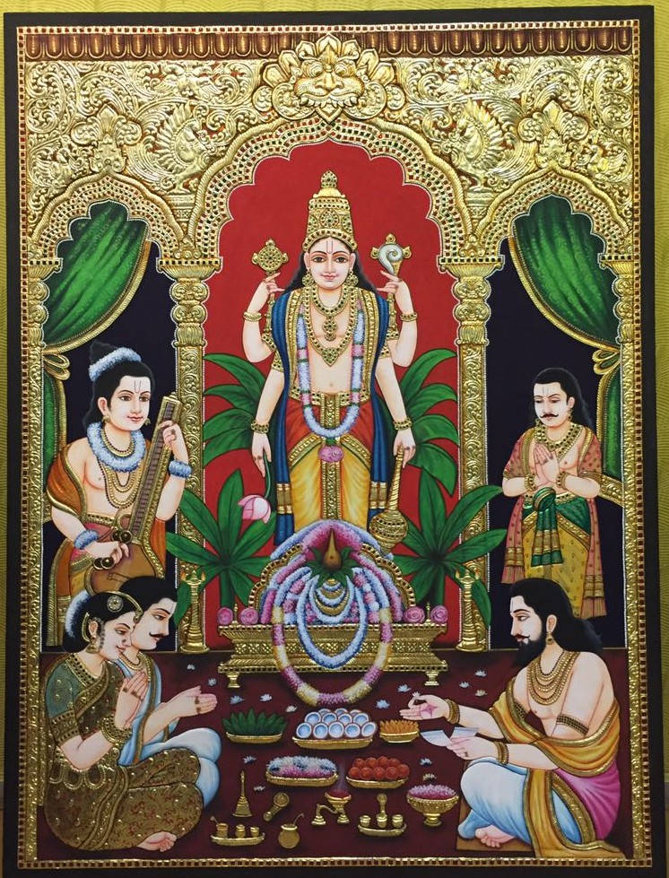 hindu iPhone 桌布 壁紙 — 一幅細節豐富的印度教神靈畫作，配有金色華麗畫框，信徒在祭壇前祈禱和獻上禮物。