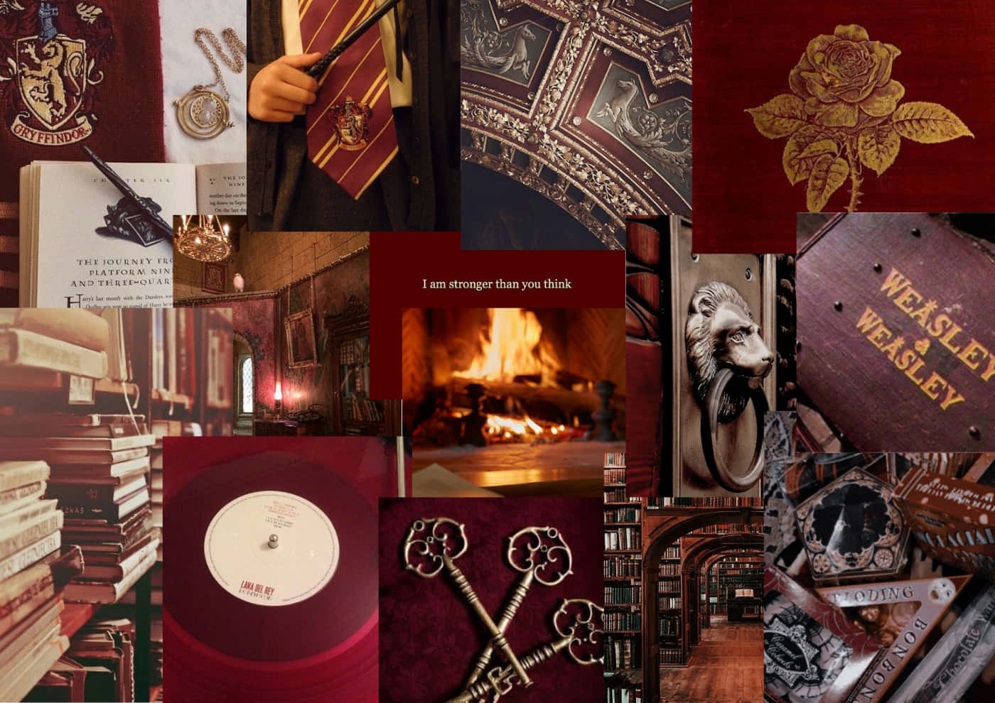Gryffindor Aesthetic 桌布 壁紙 — 一幅細節豐富的哈利波特拼貼畫， featuring 葛萊分多標誌、書籍、魔法鑰匙和溫暖栗色調的熊熊壁爐。
