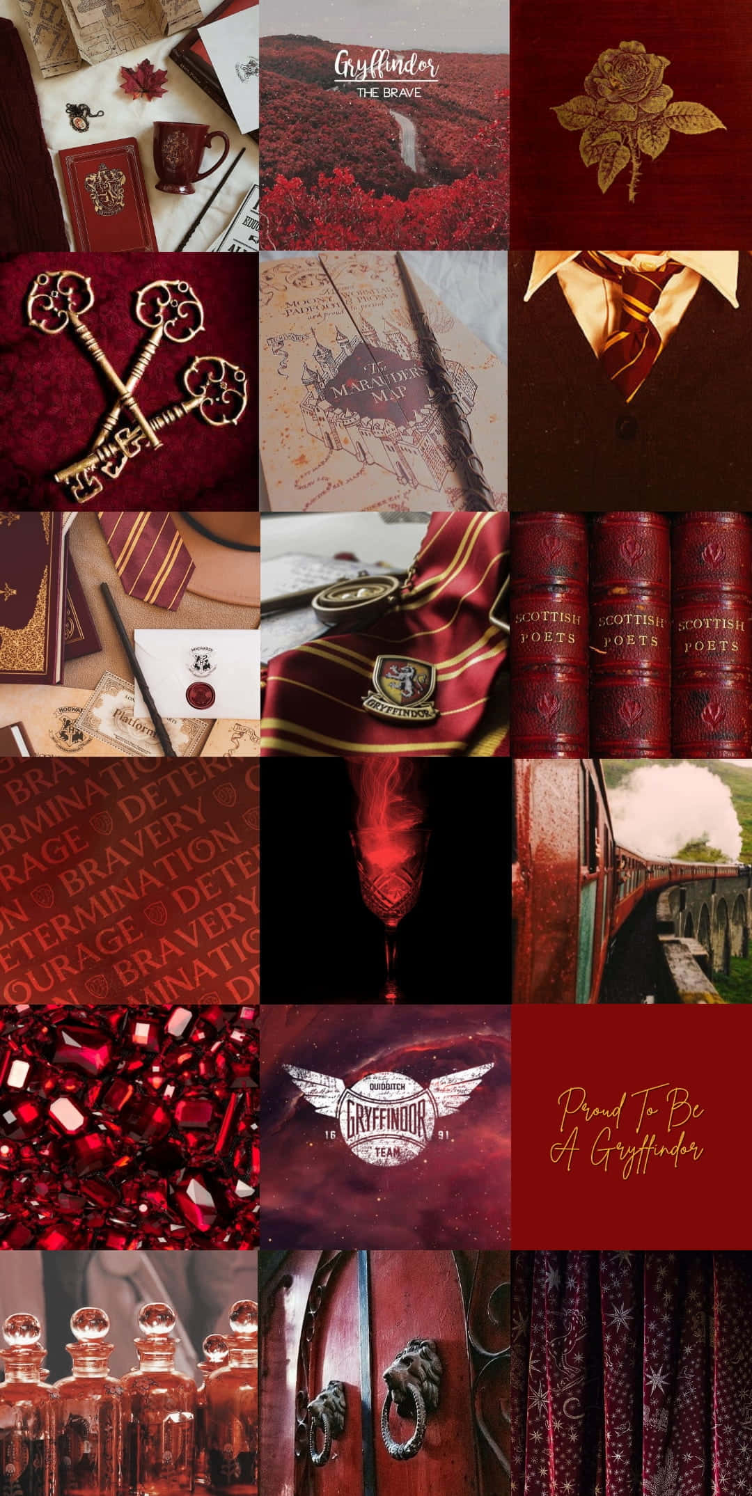 Gryffindor Aesthetic 桌布 壁紙 — 一幅細節豐富的葛萊芬多主題拼貼畫，以紅色和金色點綴，包含魔法物品、書籍以及哈利波特世界中的經典標誌。