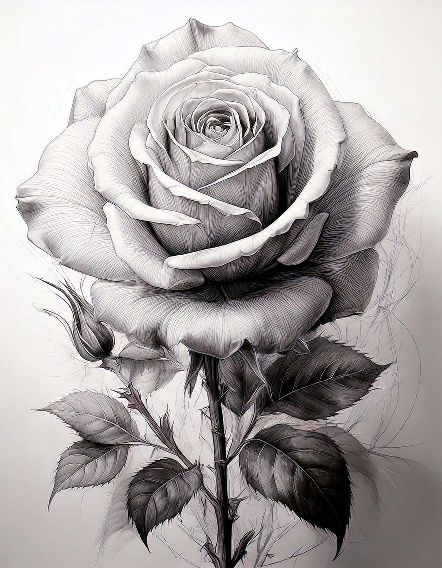 Floral Bloom 壁紙 — 一幅細緻入微的灰階鉛筆畫，描繪一朵盛開的玫瑰，花瓣層疊，莖上有刺，背景柔和。