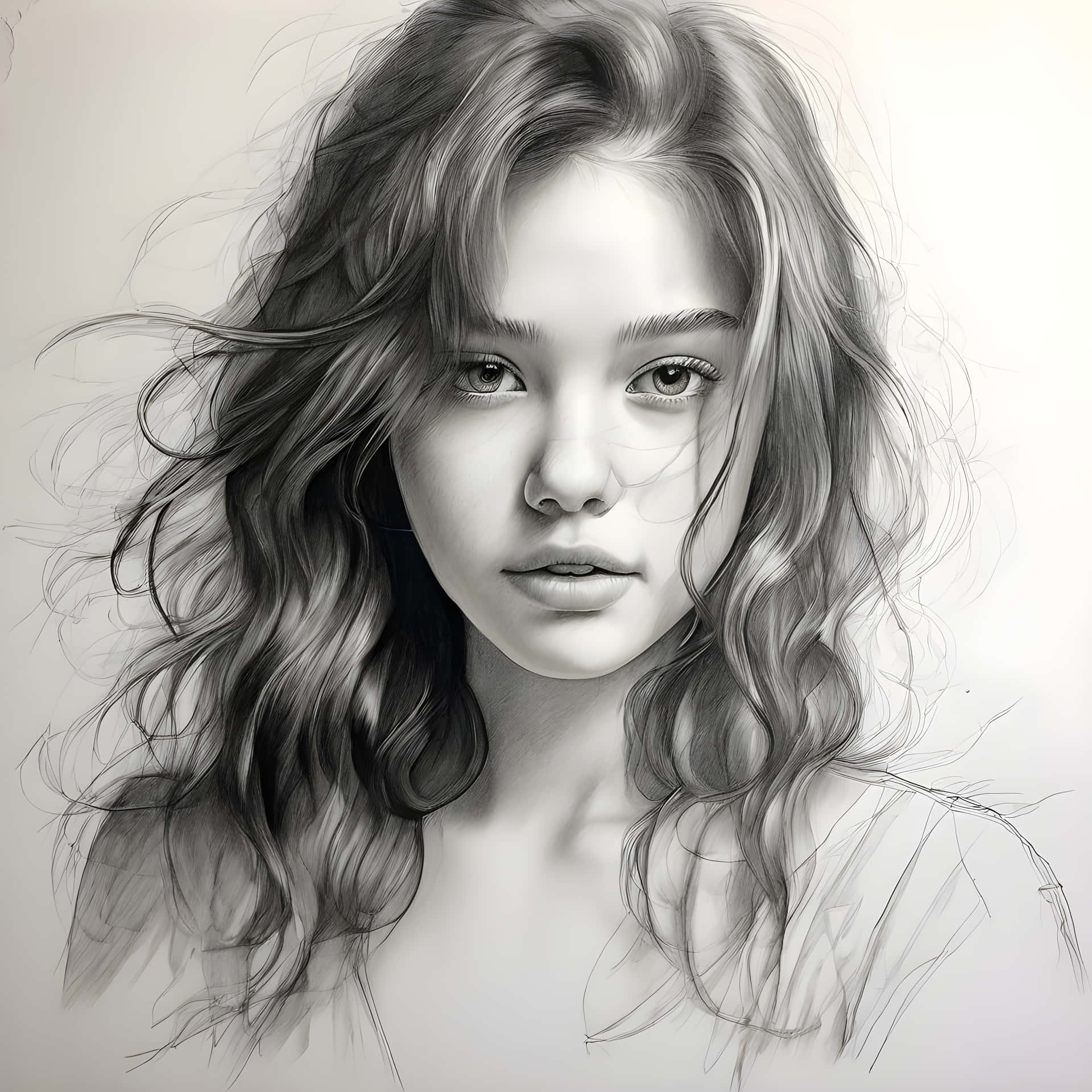 Realistic Hand-Drawn Girl Sketch – Black and White Art 壁紙 — 一幅細緻的灰階肖像畫，描繪一位年輕女性，擁有飄逸的波浪長髮和柔和的眼神，以細膩的鉛筆筆觸呈現。