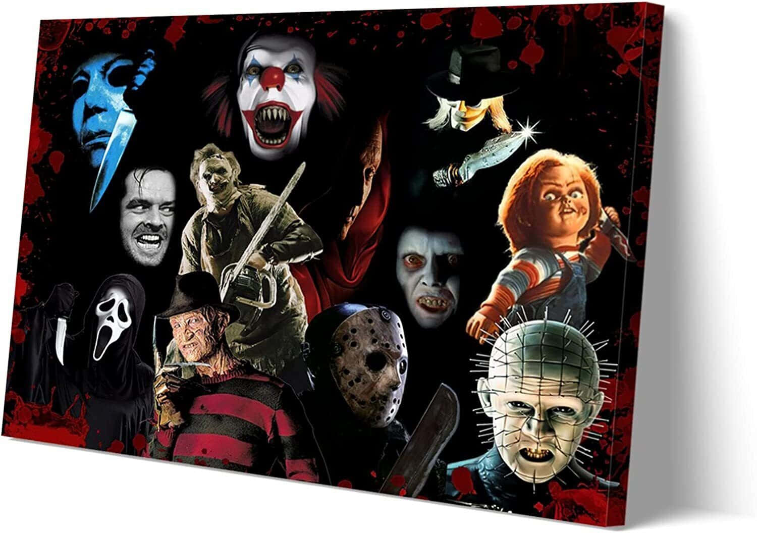 Horror Icons 桌布 壁紙 — 一幅經典恐怖電影反派角色的拼貼畫，包括佛萊迪·克魯格、傑森·沃赫斯和小丑潘尼懷斯，背景為血跡飛濺。